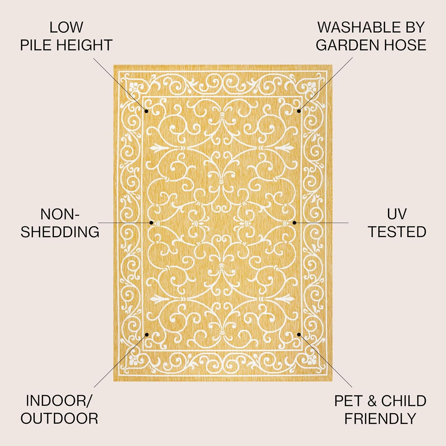 JONATHAN Y SMB106L-8 Charleston Vintage Filigree Textured Weave Indoor Outdoor Area Rug, Classic Traditional Easy-Cleaning,Bedroom,Kitchen,Backyard,Patio,Non Shedding, 8 X 10, Yellow/Cream