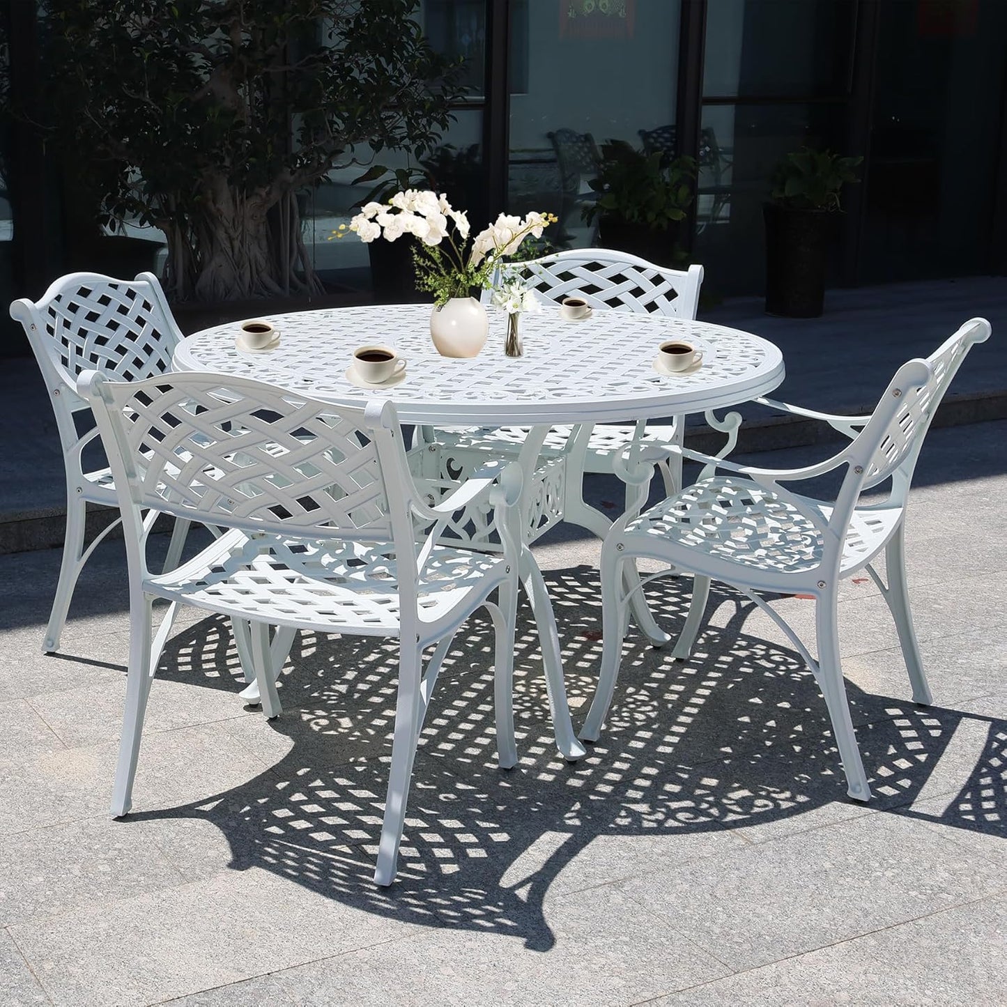 5 Piece Patio Dining Set Outdoor Patio Round Table and Chairs Set of 4 with Umbrella Hole,Cast Aluminum White Outdoor Bistro Dining Set, Patio Furniture Set for Garden,White
