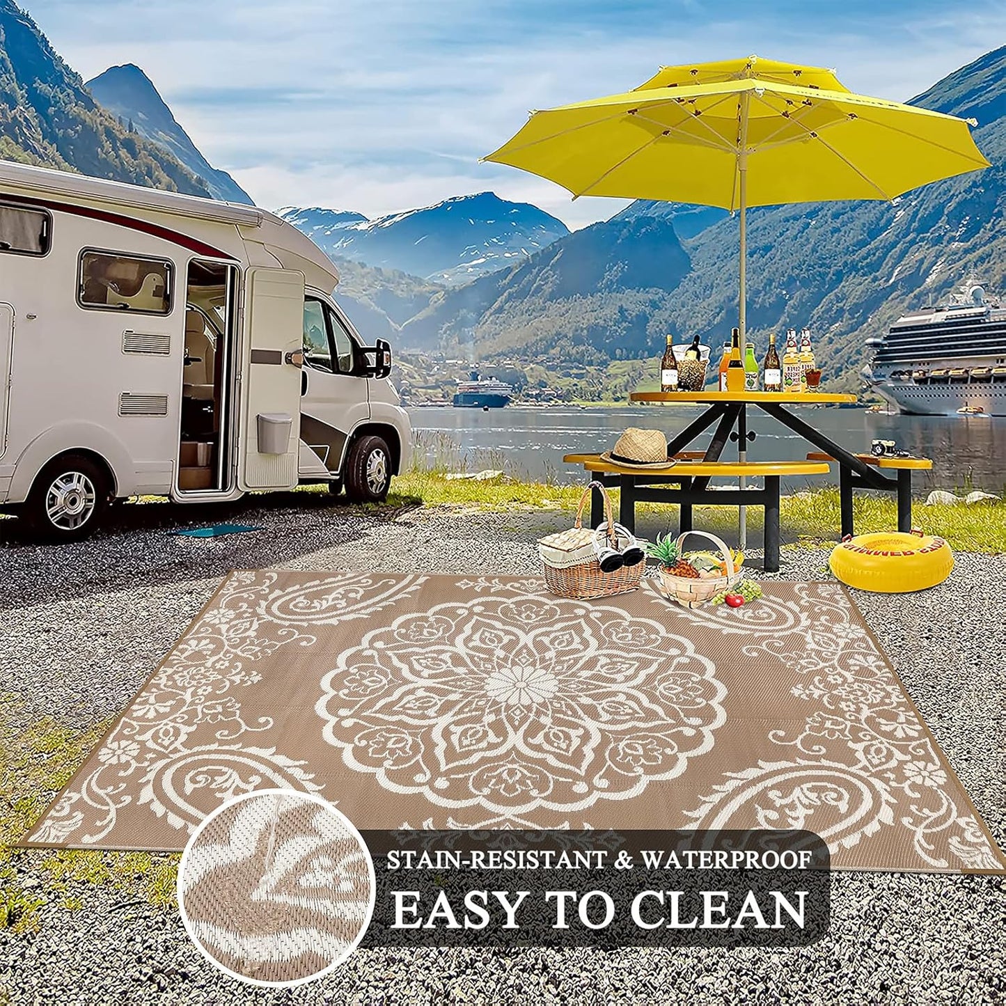 Pauwer Waterproof Outdoor Rug 6x9, Reversible Plastic Straw Patio Camping Rug, Indoor Outdoor RV Mat Carpet for Deck, Camper, Porch, Balcony, Backyard, Picnic, Boho Brown
