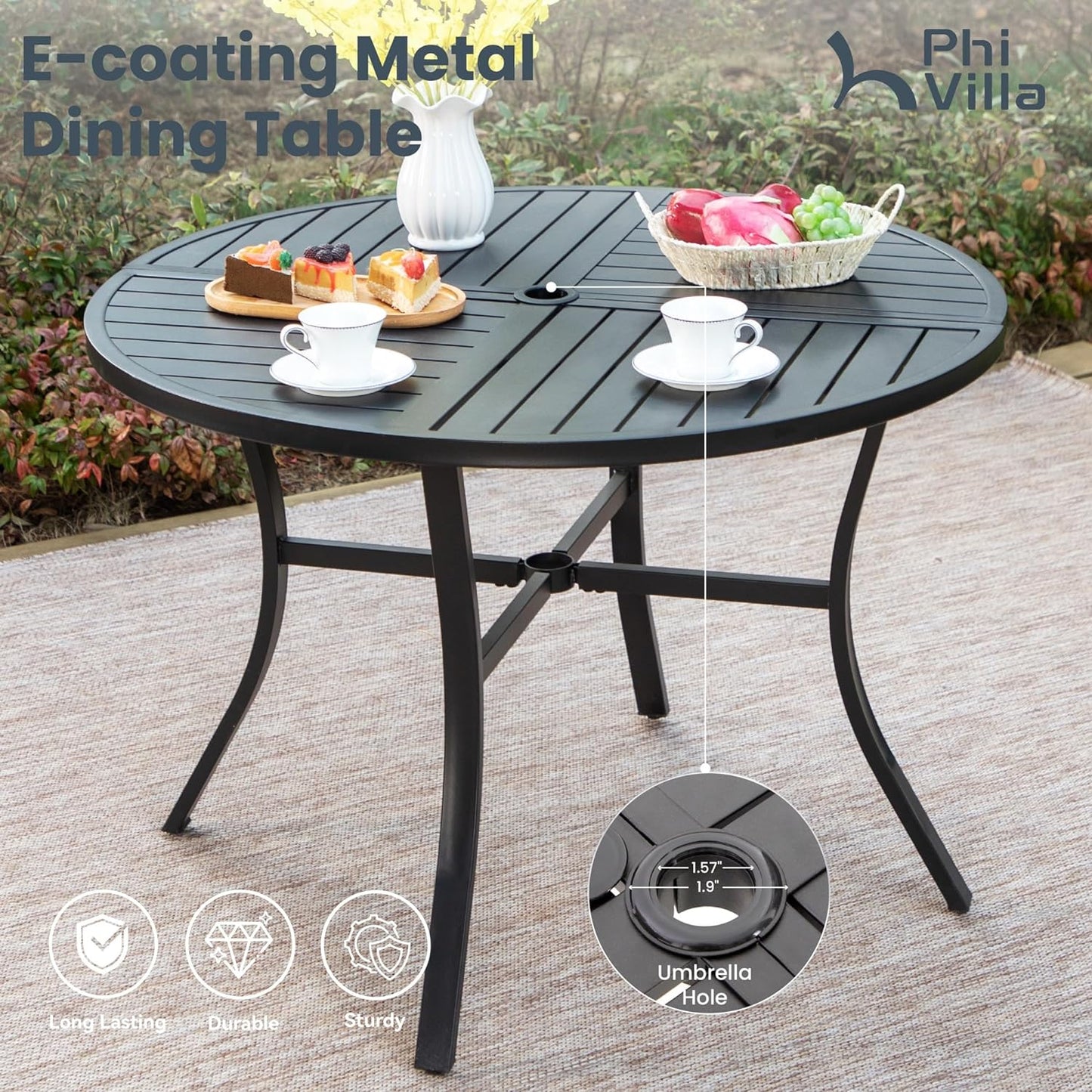 PHI VILLA 5 Piece Patio Dining Set with 4 Outdoor Swivel Dining Chairs & 1 Large Round Dining Table, All Weather Blue Textilene Mesh Fabric Chair and Round Metal Table for Deck Lawn Garden