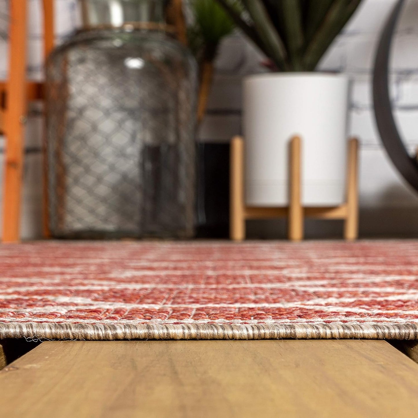Eyely BMS109C-4SQ Santa Monica Trebol Moroccan Trellis Textured Weave, Pet Friendly, Non-Shedding, Stain Resistant, Easy-Cleaning, Red/Beige, 4' Square, Indoor/Outdoor, Area Rug