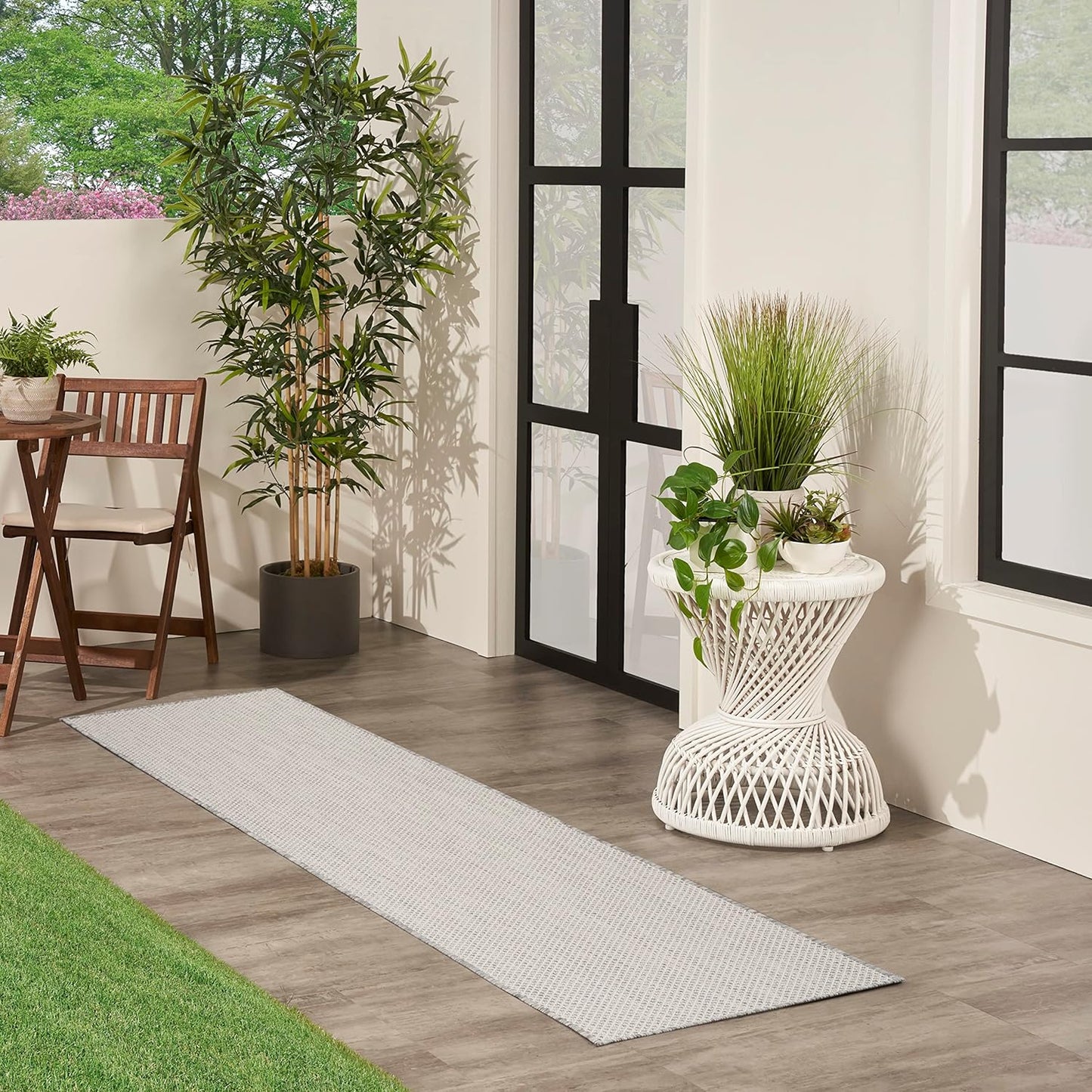 Nourison Home Courtyard Indoor/Outdoor Ivory Silver 2'2" x 20' Area Rug, Easy Cleaning, Non Shedding, Bed Room, Living Room, Dining Room, Backyard, Deck, Patio (2x20)