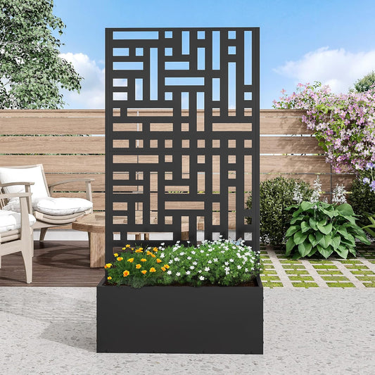 Casaphoria Metal Raised Garden Bed with Trellis and Wheels, 59"x30"x12" Planter Box for Climbing Plants, Vegetables & Vines, Features Drainage Holes and Privacy Screen (Black-Helen)