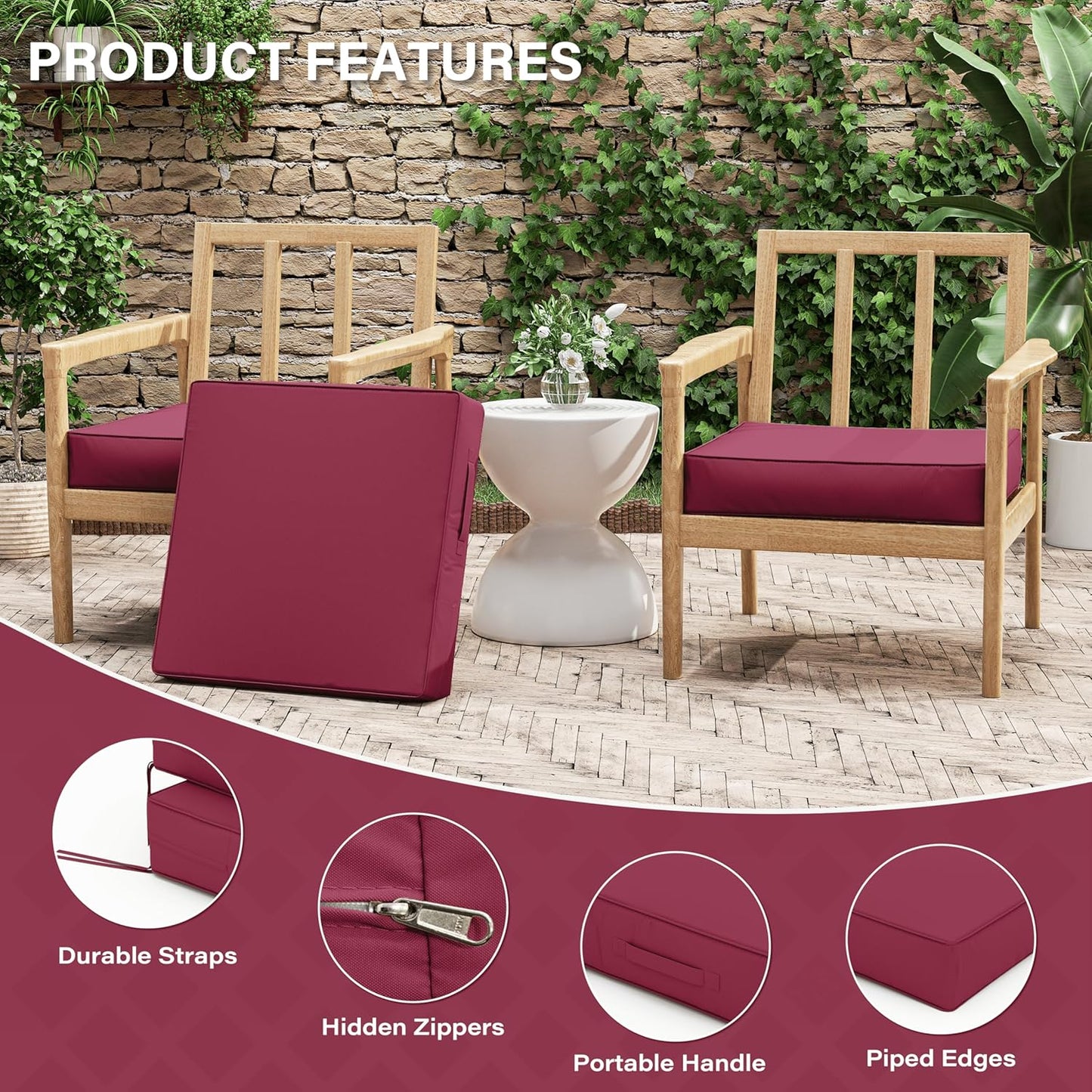 Patio Chair Cushions 22 X 22 X 4 Inch Waterproof Outdoor Seat Cushions for Patio Furniture, Outdoor Sofa Couch Pads with Ties & Handle, Set of 2, Fuchsiared