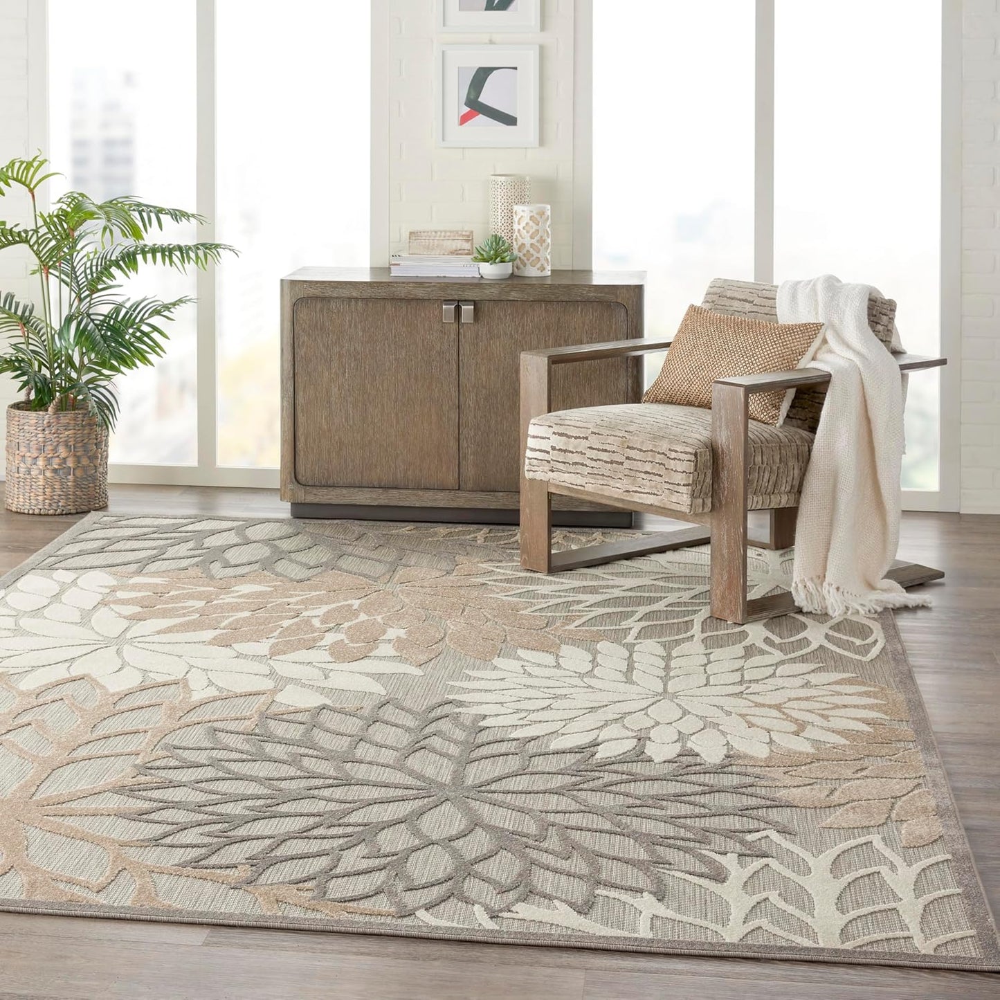 Nourison Aloha Indoor/Outdoor Natural 9'6" x 13' Area -Rug, Tropical, Botanical, Easy Cleaning, Non Shedding, Bed Room, Living Room, Dining Room, Deck, Backyard, Patio (9x13)