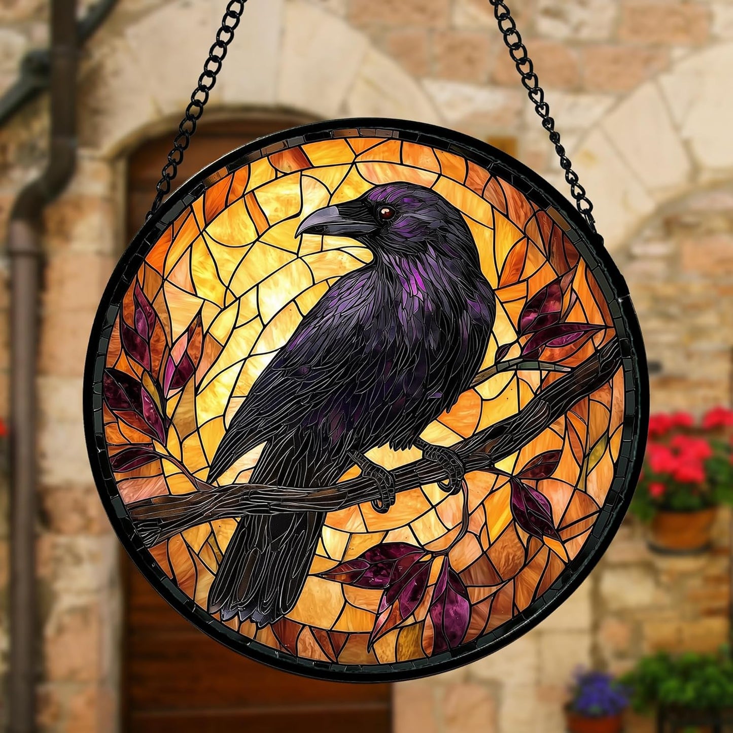 Stained Glass Window Hanging - Crow on a Branch Suncatcher Ready to Hang Window Doors Home Decoration and Christmas, Mother's Day Birthday Gifts for Women, Men, and Mom 7.8x7.8 in
