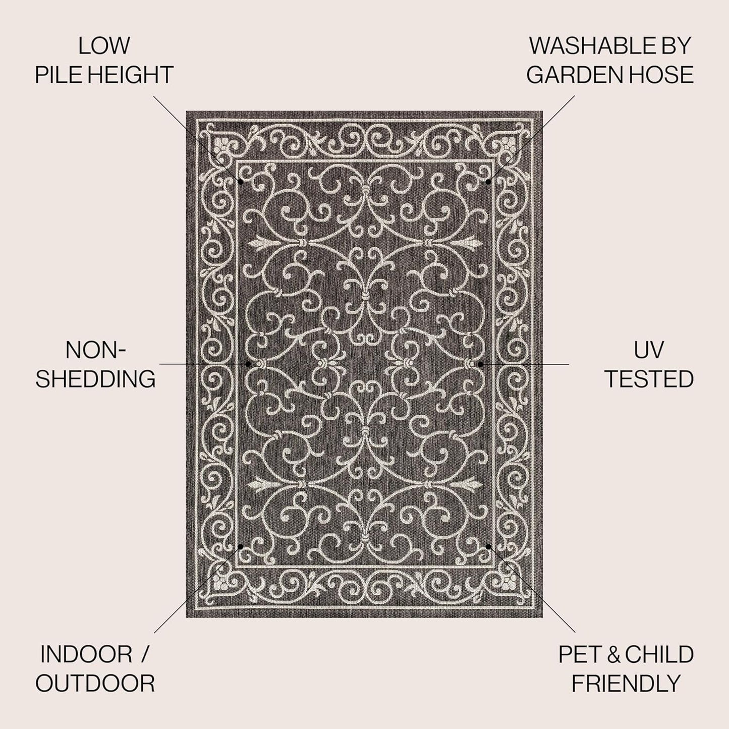JONATHAN Y SMB106G-3R Charleston Vintage Filigree Textured Weave Black/Gray 3' Round Indoor/Outdoor Area Rug, Pet Friendly, Non-Shedding, Stain Resistant, Easy-Cleaning for Backyard, Patio, Porch
