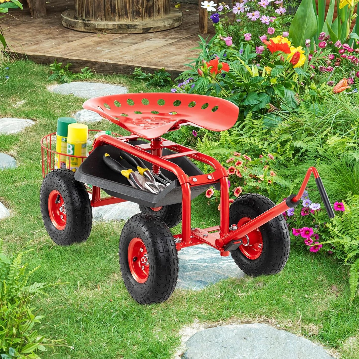 Rolling Garden Seat, Garden Stool with Wheels, Extendable Handle, Storage Basket & Tool Tray, Garden Scooter with 360 Degree Swivel Seat for Outdoor, Garden & Yard (Red)