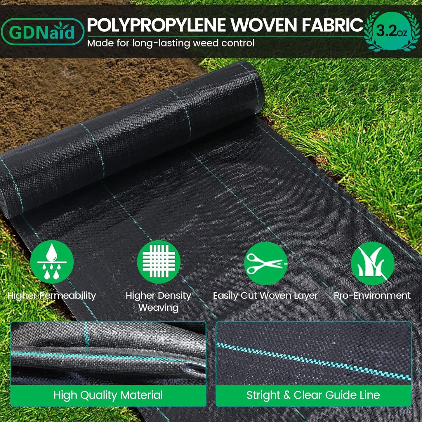 5ftx180ft Weed Barrier Landscape Fabric Heavy Duty, Premium 3.2oz Weed Barrier Fabric Garden Ground Cover, Weed Fabric, Garden Landscaping Fabric