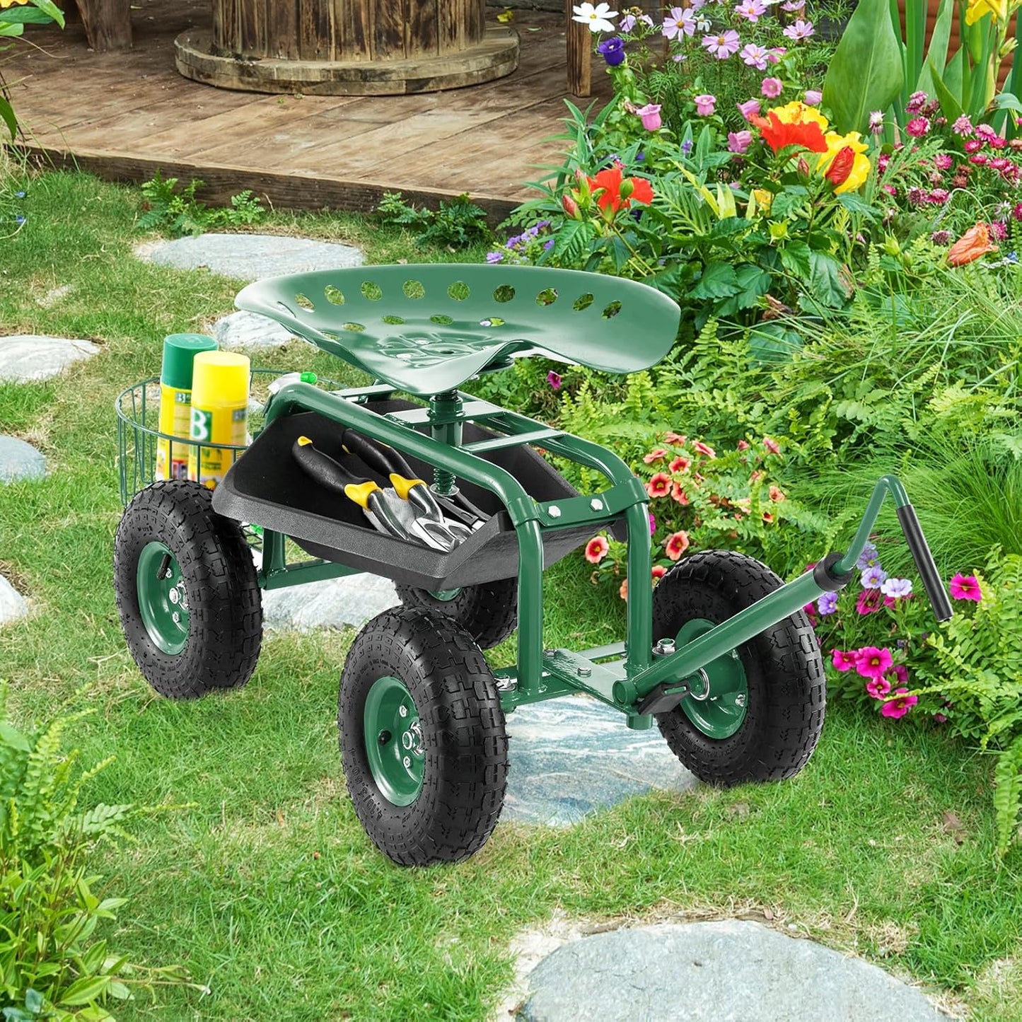 Rolling Garden Seat, Garden Stool with Wheels, Extendable Handle, Storage Basket & Tool Tray, Garden Scooter with 360 Degree Swivel Seat for Outdoor & Yard (Green)