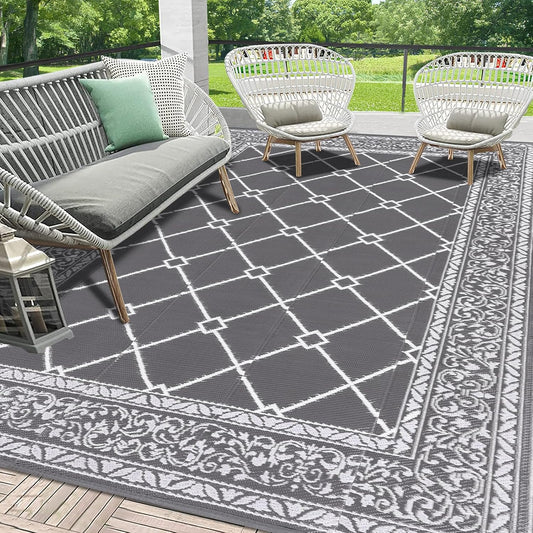HEBE Outdoor Rug Waterproof 9x12, Reversible Plastic Straw Rug RV Camping Rug, Indoor Outdoor Patio Mat Clearance, Outside Carpet for Porch,Deck,Camper,Balcony,Backyard,Picnic