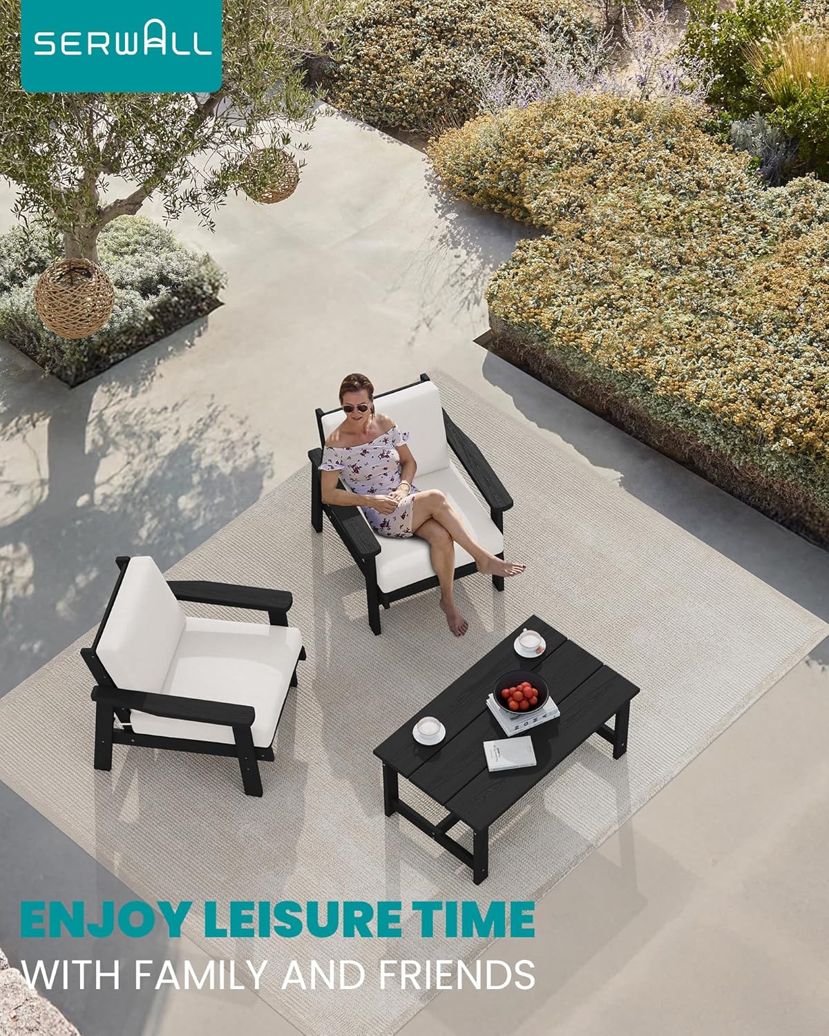 SERWALL HDPE Outdoor Couch Set of 2, All-Weather Wood-Like Outdoor Patio Furniture Set, Black Patio Sofa Chairs with Khaki Cushions