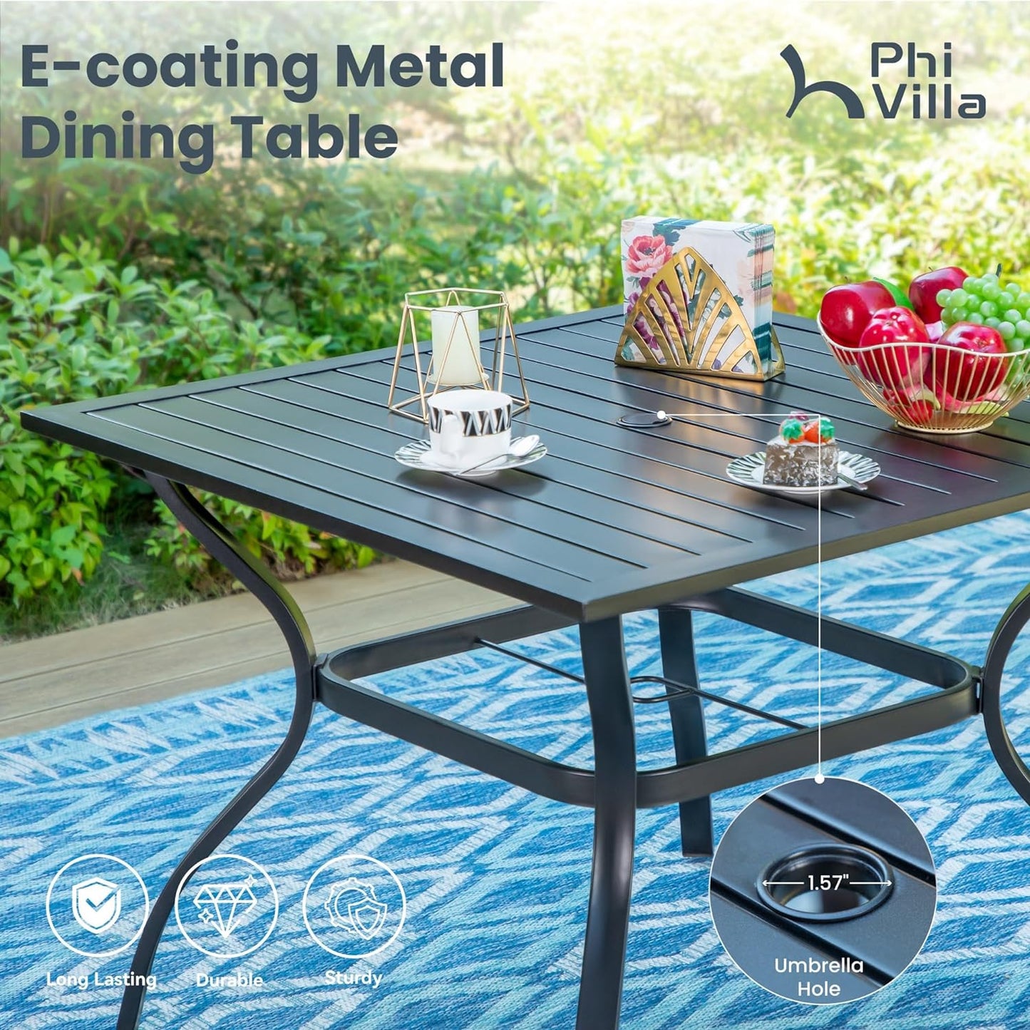 PHI VILLA 5 Piece Patio Dining Set Clearance with 4 Swivel Dining Chairs & 1 Square Metal Dining Table with 1.57 inches Hole, for Outdoor Kitchen Lawn & Garden Black Coated