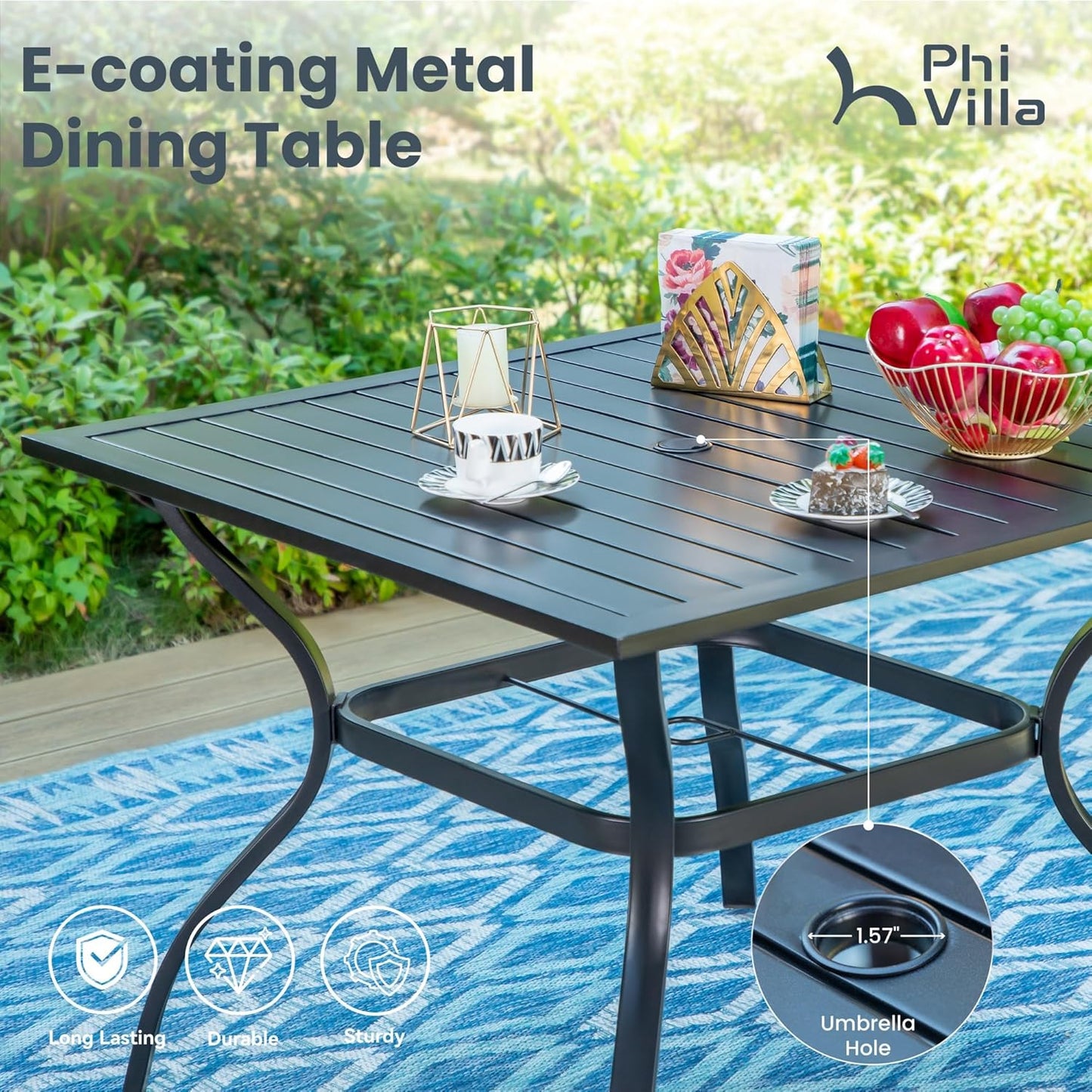 PHI VILLA Patio Table and Chairs Dining Set with Umbrella for 4, Outdoor Dining Set with 4 Swivel Patio Chairs, 1 Square Metal Dining Table and 10ft Beige Large Patio Umbrella (No Umbrella Base)