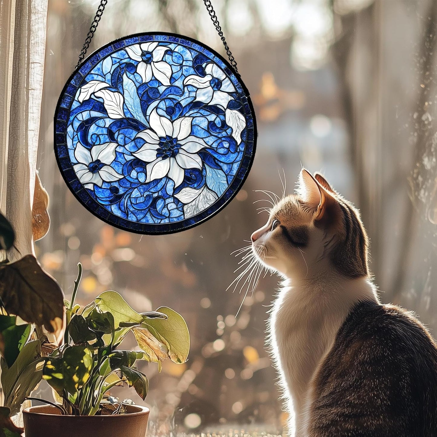 Stained Glass Window Hanging - Blue White Flowers Suncatcher for Doors Garden Patio Boho Style Sun Catchers Decor Christmas Mother's Day Birthday Gifts for Women Men Mom Nana Friend 15 in