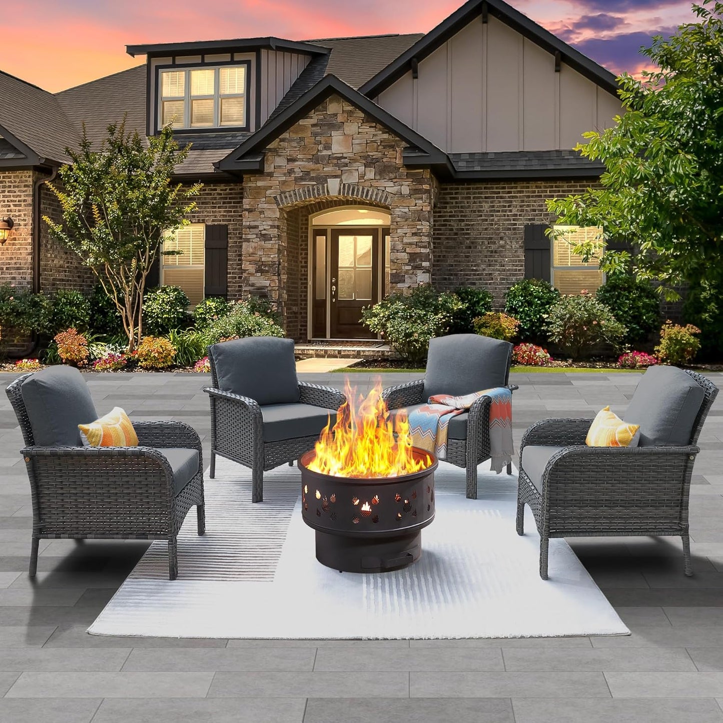 ovios 4 Pieces Patio Furniture Set with 25" Fire Pit, Outdoor Wicker Chairs of 4, All Weather High Back Rattan Chairs 4-Seater with Comfy Cushions, Dark Grey
