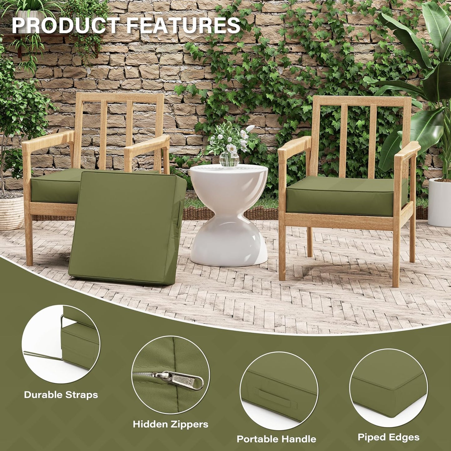 Patio Chair Cushions 19 X 19 X 4 Inch Waterproof Outdoor Seat Cushions for Patio Furniture, Outdoor Sofa Couch Pads with Ties & Handle, Set of 2, Light Green