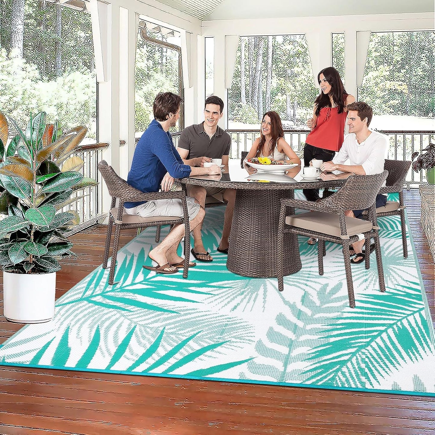 Outdoor Rug 8'x10' Waterproof for Patios Clearance, Reversible Outdoor Plastic Straw Rug Camping Carpet, Outside Floor Mats Large Area Rugs for RV,Patio,Deck,Porch, Beach,Balcony,Teal&White