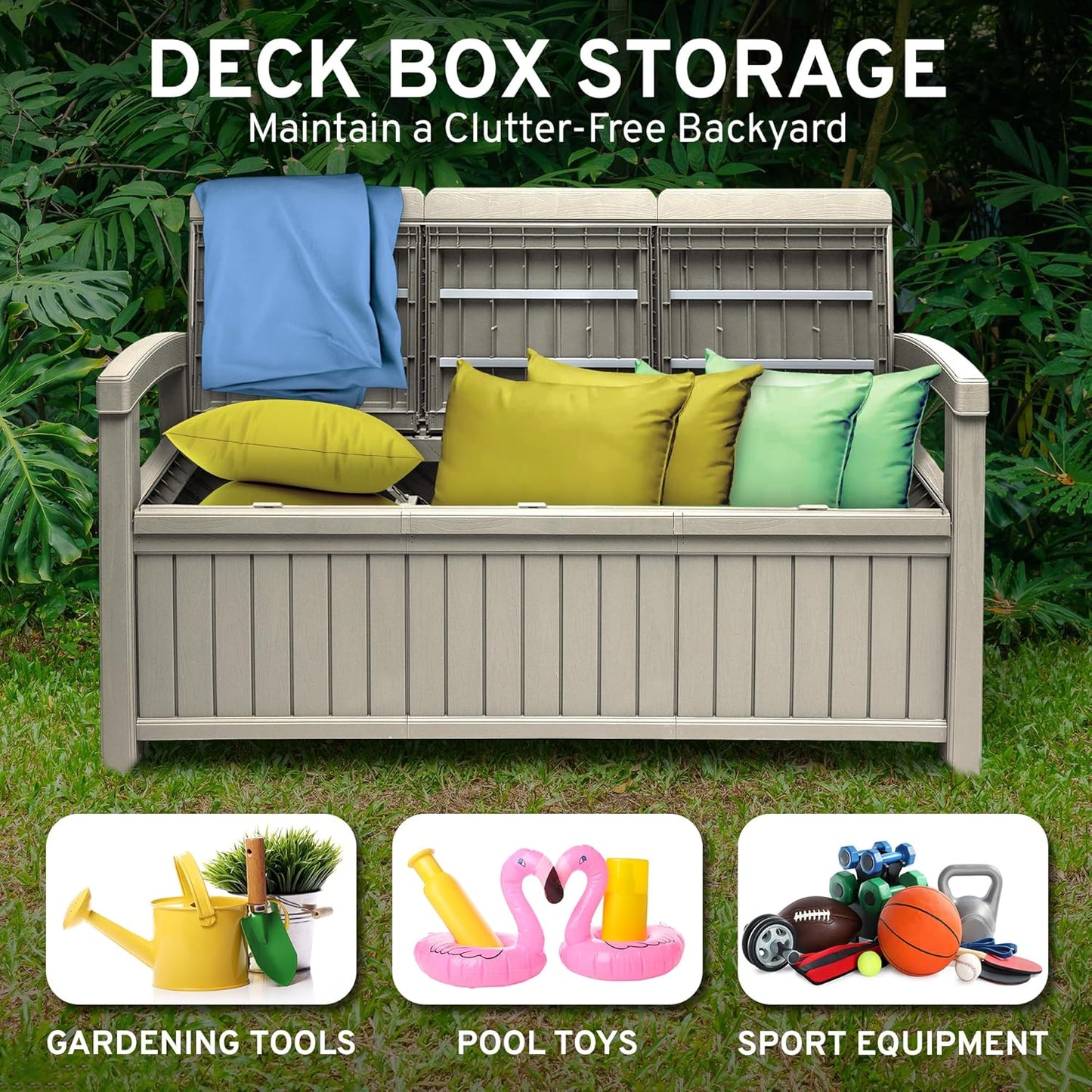 EconoHome 3 Seat Outdoor Storage Bench with Rain Cover - 90 Gallon Capacity - Weatherproof Resin Bench for Patio, Porch, Garden, Yard, Pool Area - Furniture for Pool Accessories, Gardening Tools