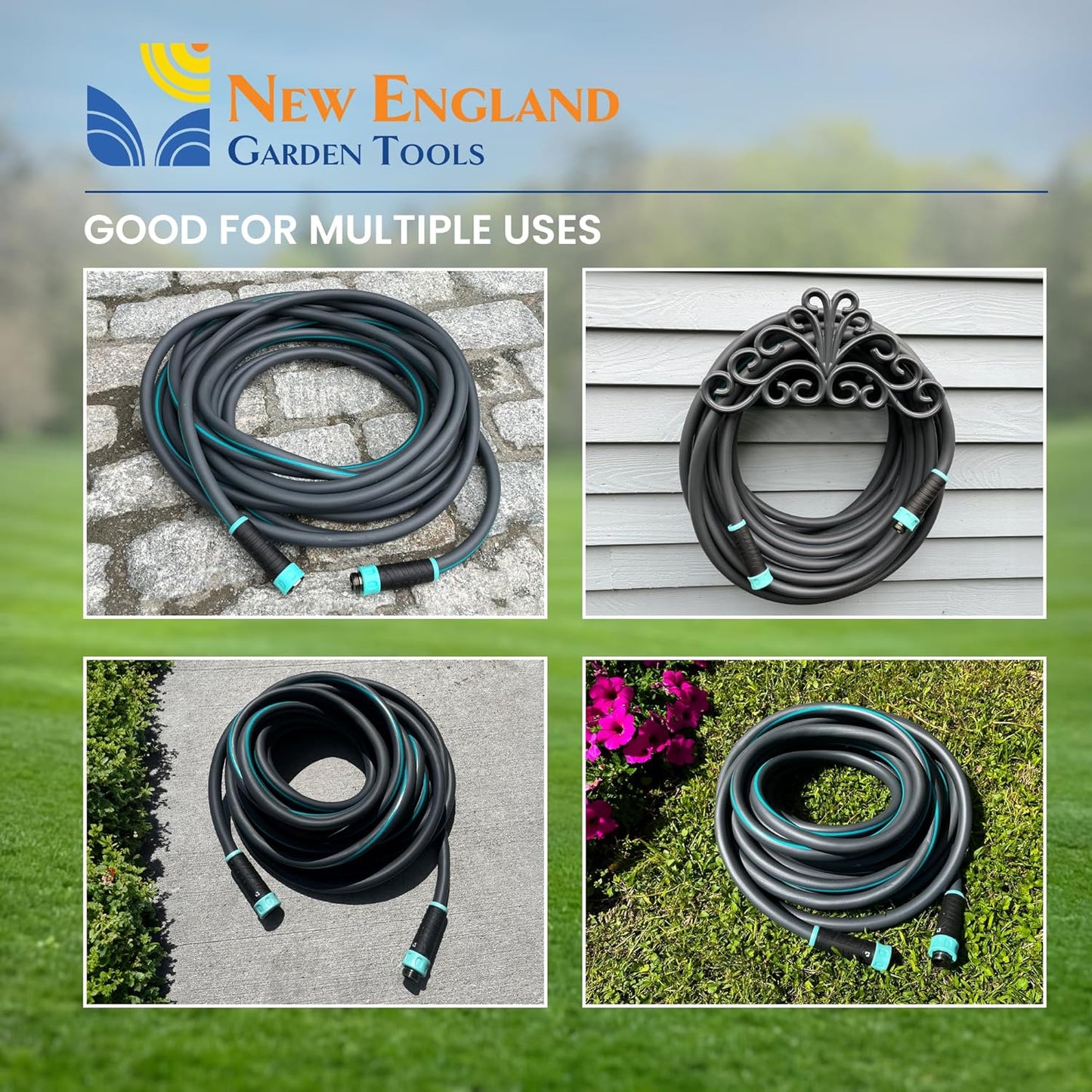 Hybrid Garden Water Hose 25 ft x 5/8”, Durable Heavy Duty Material, Kink-Free with Swivel Grips and Anodized Couplings, 700004 by New England Garden Tools