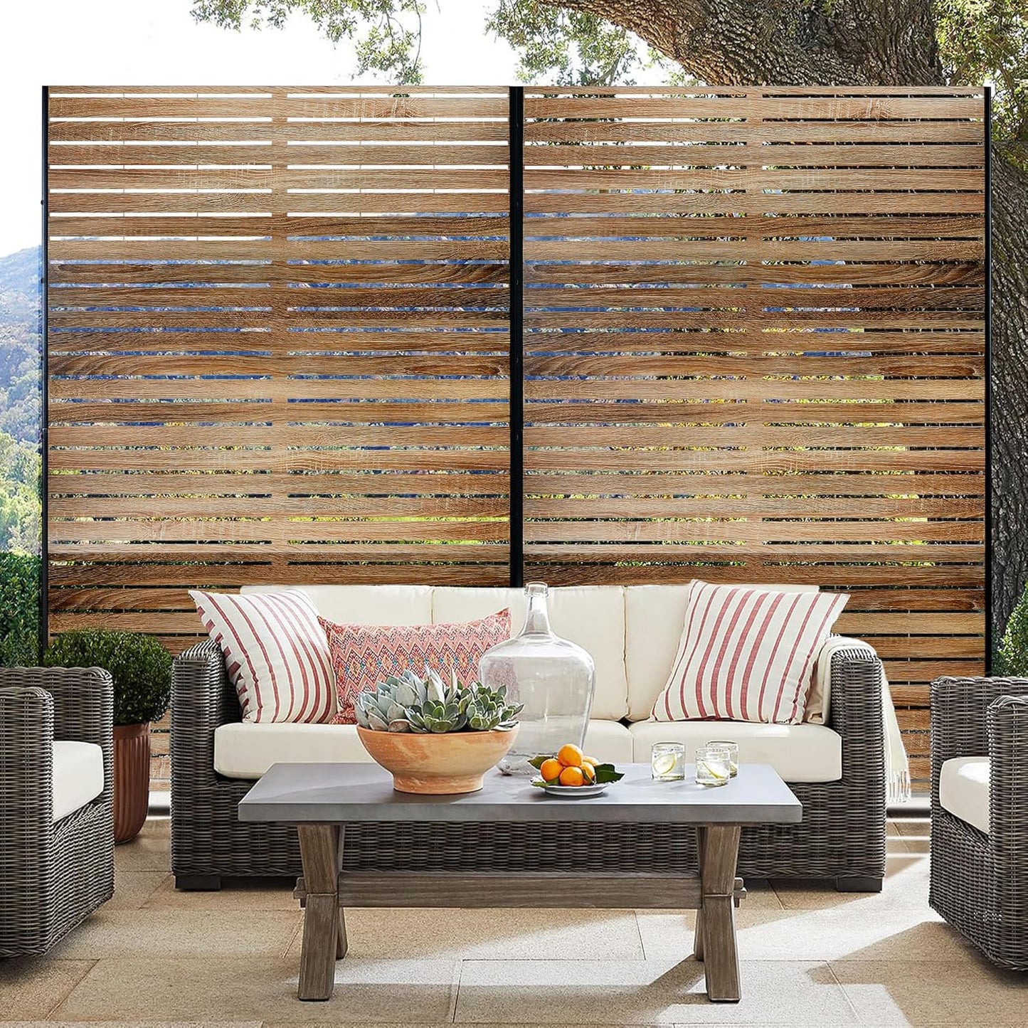 Metal Privacy Screen Outdoor 72" H×47" W,Freestanding Decorative Privacy Screen for Balcony Yard&Garden,Privacy Fence-Wooden Color