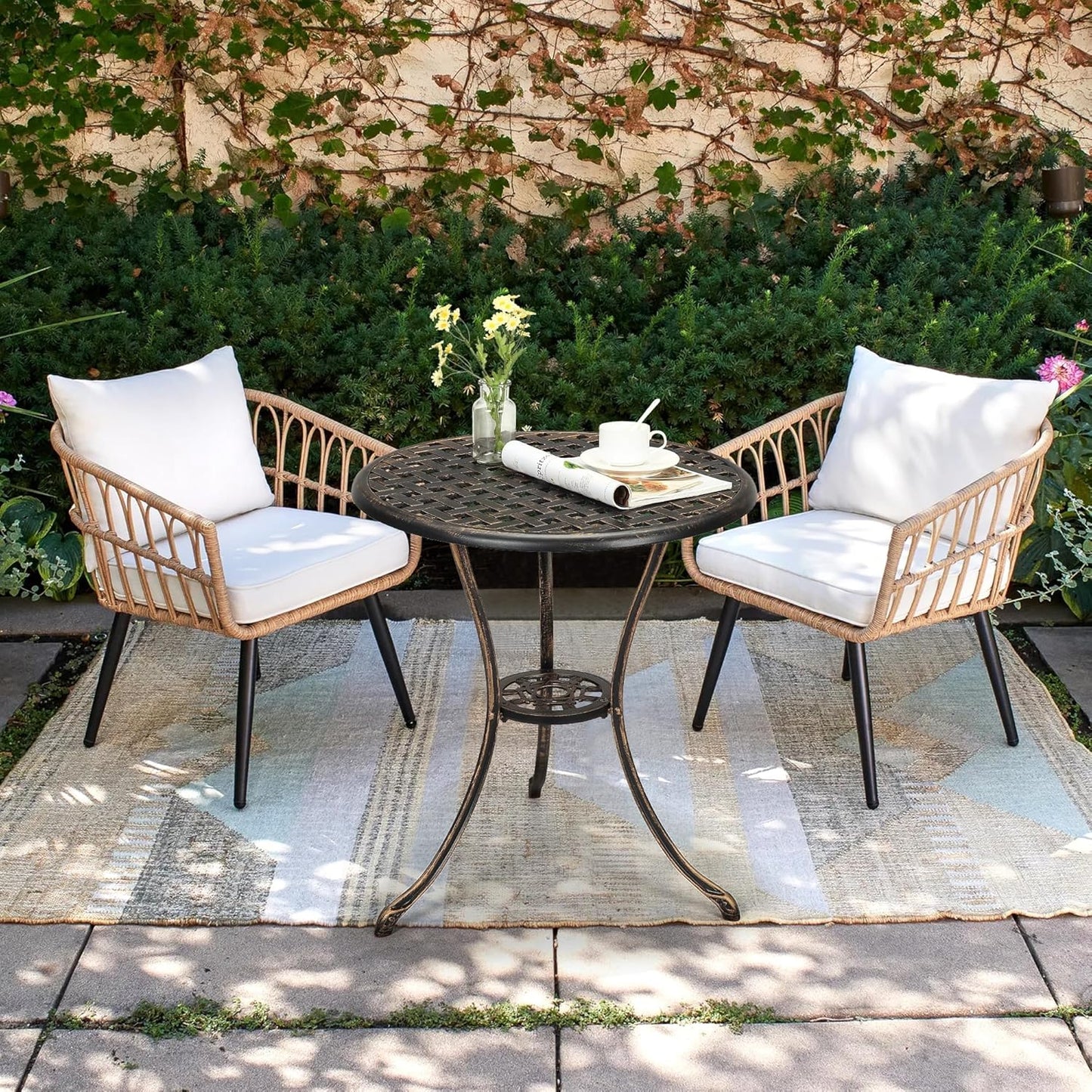 24" Outdoor Round Patio Bistro Table, Cast Aluminum Outdoor Cafe Table with 2 inch Umbrella Hole for Porch,Backyard,Garden, (Classic Square Pattern, Brown)