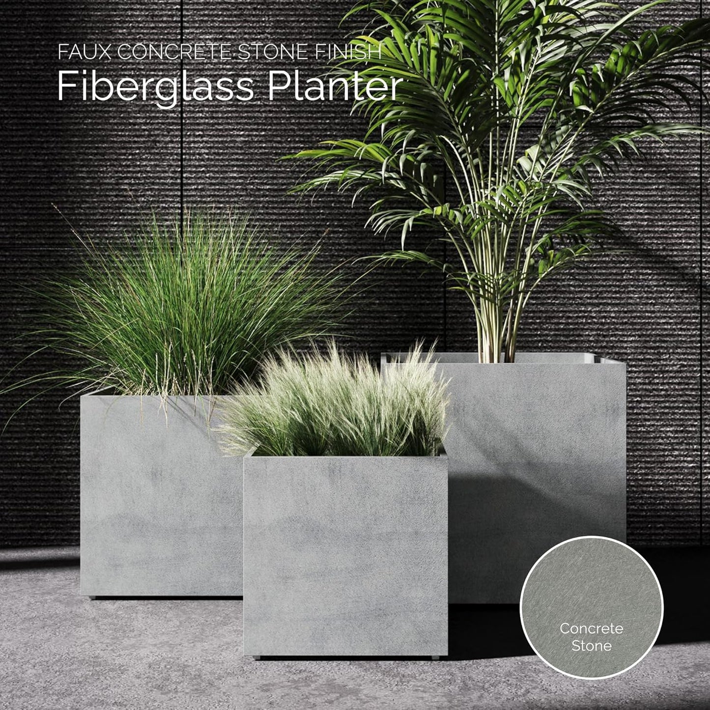 Reglito Cube Planter – Fiberglass Indoor/Outdoor and Weather-Resistant Large Planter (Concrete Stone, 39.4" L x 39.4" W x 40" H)