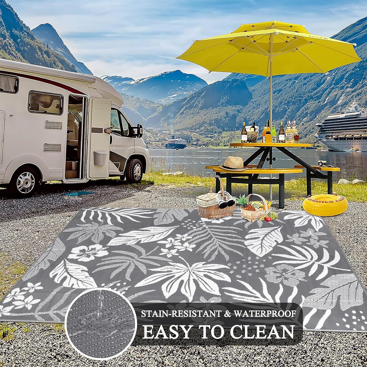 Pauwer Waterproof Outdoor Rug 8x10, Reversible Plastic Straw Patio Camping Rug, Indoor Outdoor RV Mat Carpet for Deck, Camper, Porch, Balcony, Backyard, Picnic, Floral Grey