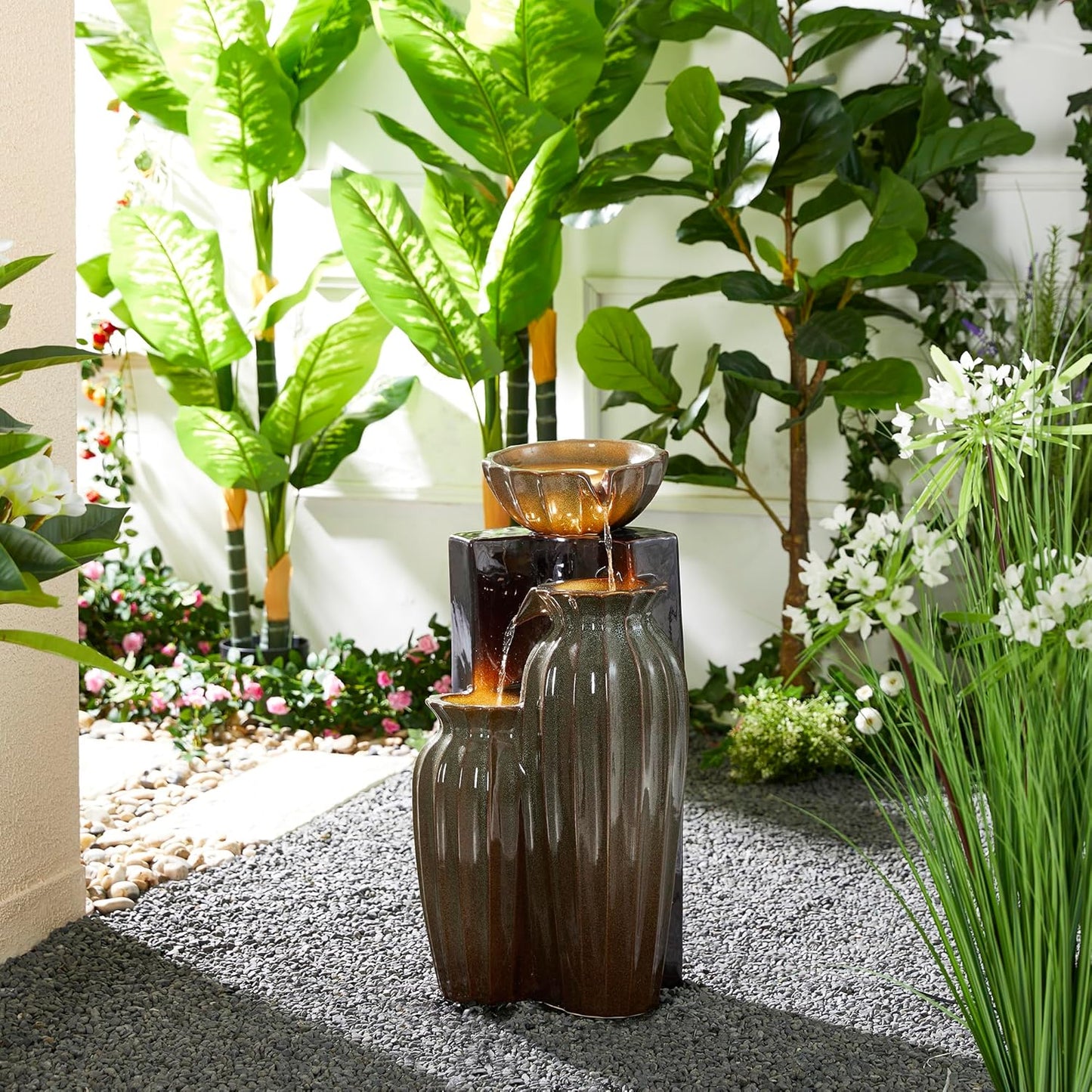 Glitzhome 26.75" H Ceramic Outdoor Water Fountain with LED Lights and Pump, Two Tone Olive Green and Brown Reactive Fluted Texture Cascading Waterfall Floor Standing Fountain for Porch Garden Patio