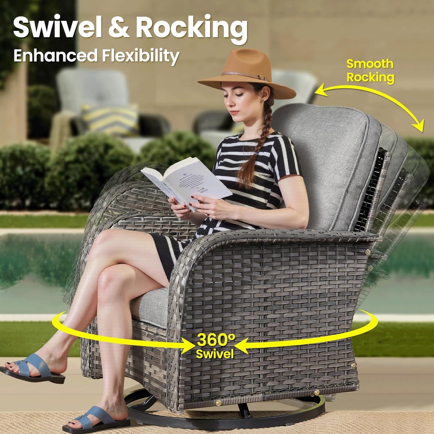 ovios 8 Pieces Patio Furniture Set, Outdoor Wicker Sofa with Swivel Chairs, Coffee Table, All Weather High Back Rattan Loveseat Couch with Comfy Cushions, Dark Grey