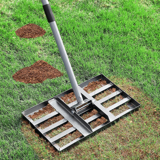 Lawn Leveling Rake, Lawn Leveler with Stainless Steel Long Handle, Heavy Duty Yard Level Tool for Leveling Soil, Sand Or Dirt Surfaces, Gardening Gloves Gift Included (17x10in)