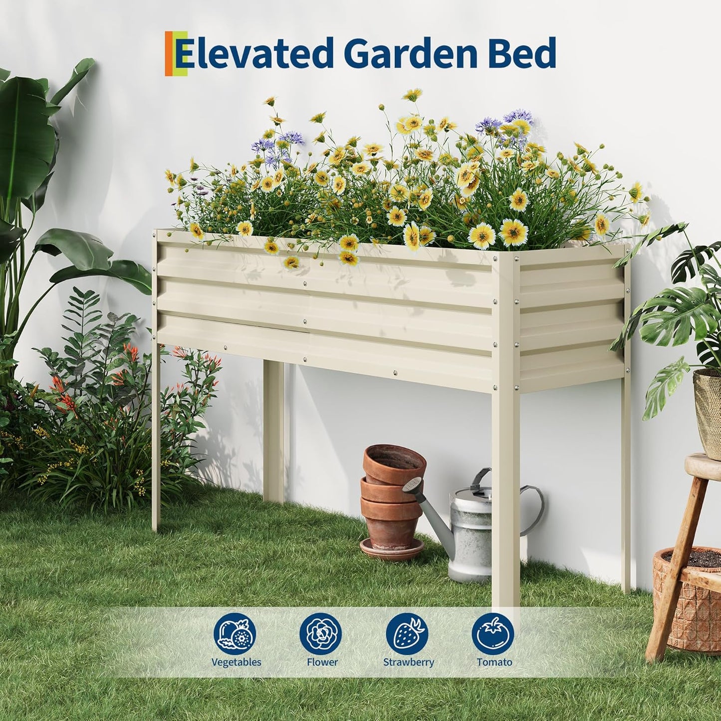 Galvanized Raised Garden Bed with Legs - 50×32×17In Metal Planter Box for Vegetables, Outdoor Raised Garden Beds Gardening, Durable Planter Raised Beds, Sturdy Planters for Outdoor Plants (Beige)