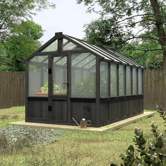 6x12 FT Greenhouse Kit for Outdoor, Thickened Polycarbonate Panel Wooden Walk-in Green House with Lockable Door and Adjustable Roof Vent, Backyard Garden, Black