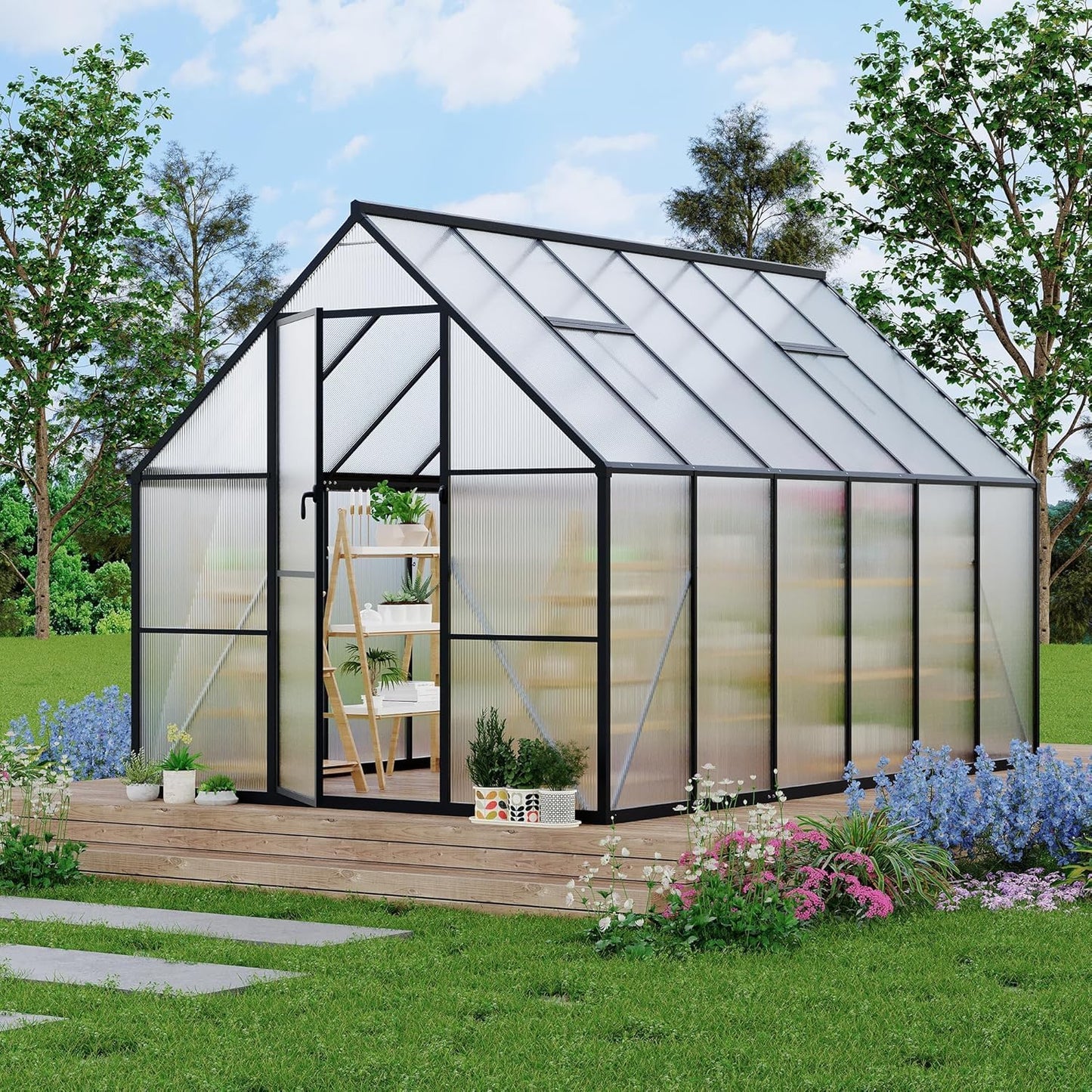 Greenhouse 8x10 FT Aluminum-Framed Heavy Duty Polycarbonate with Quick Setup Structure and Roof Vent, Large Enhanced Outdoors Green House Kit