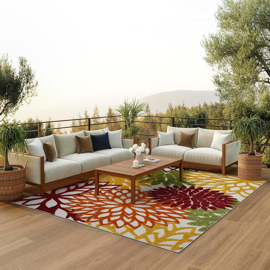 Nourison Aloha Indoor/Outdoor Red Multi Colored 9' x 12' Area Rug, Tropical, Botanical, Easy Cleaning, Non Shedding, Bed Room, Living Room, Dining Room, Deck, Backyard, Patio (9x12)