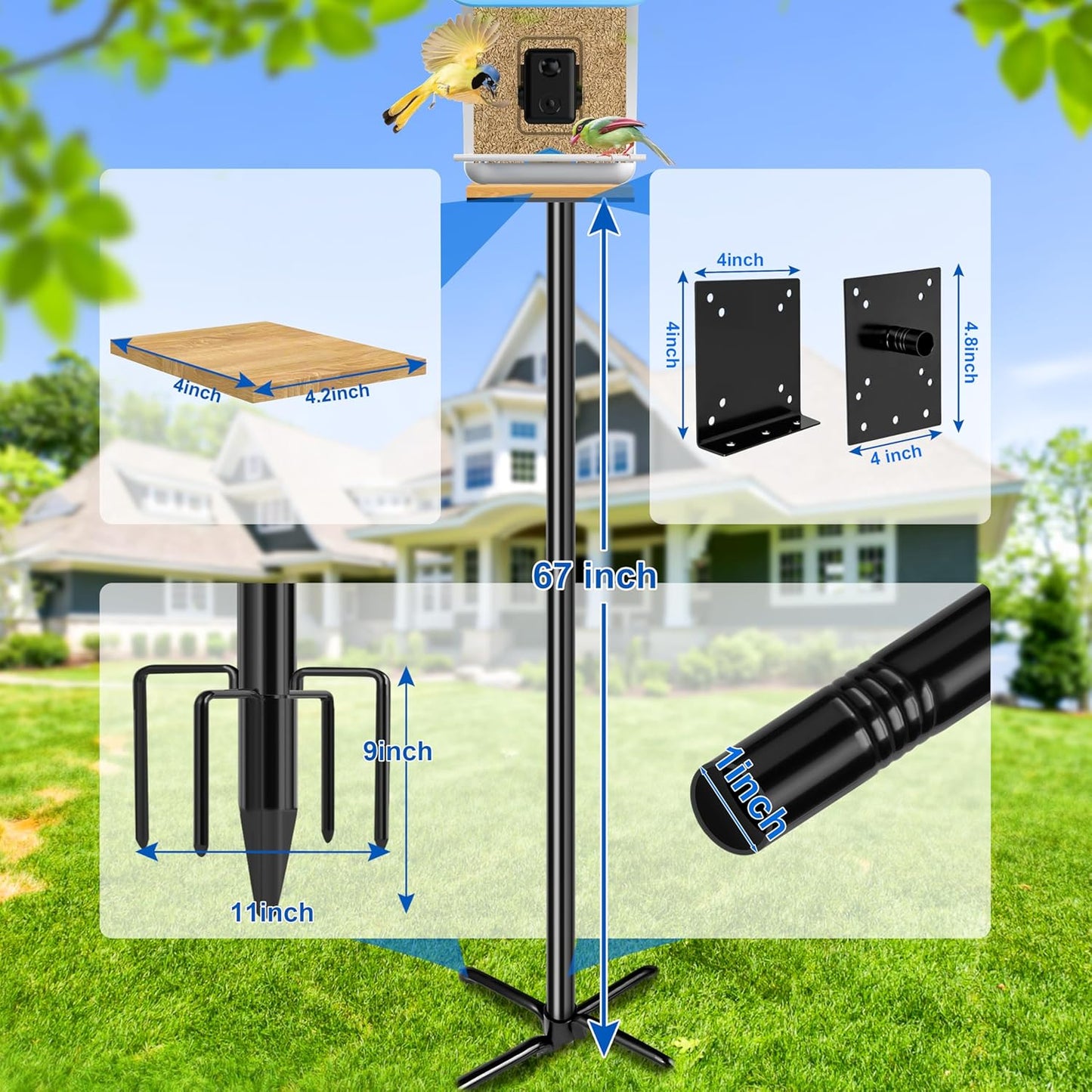 Ottsuls Bird Feeder Pole, 76 Inch Heavy Duty Bird House Pole Kit for Outdoors, with Wooden Board, 5-Prong Base Feeding Station for Wild Birds Watching, Adjustable Feeder Stand (House Not Included)