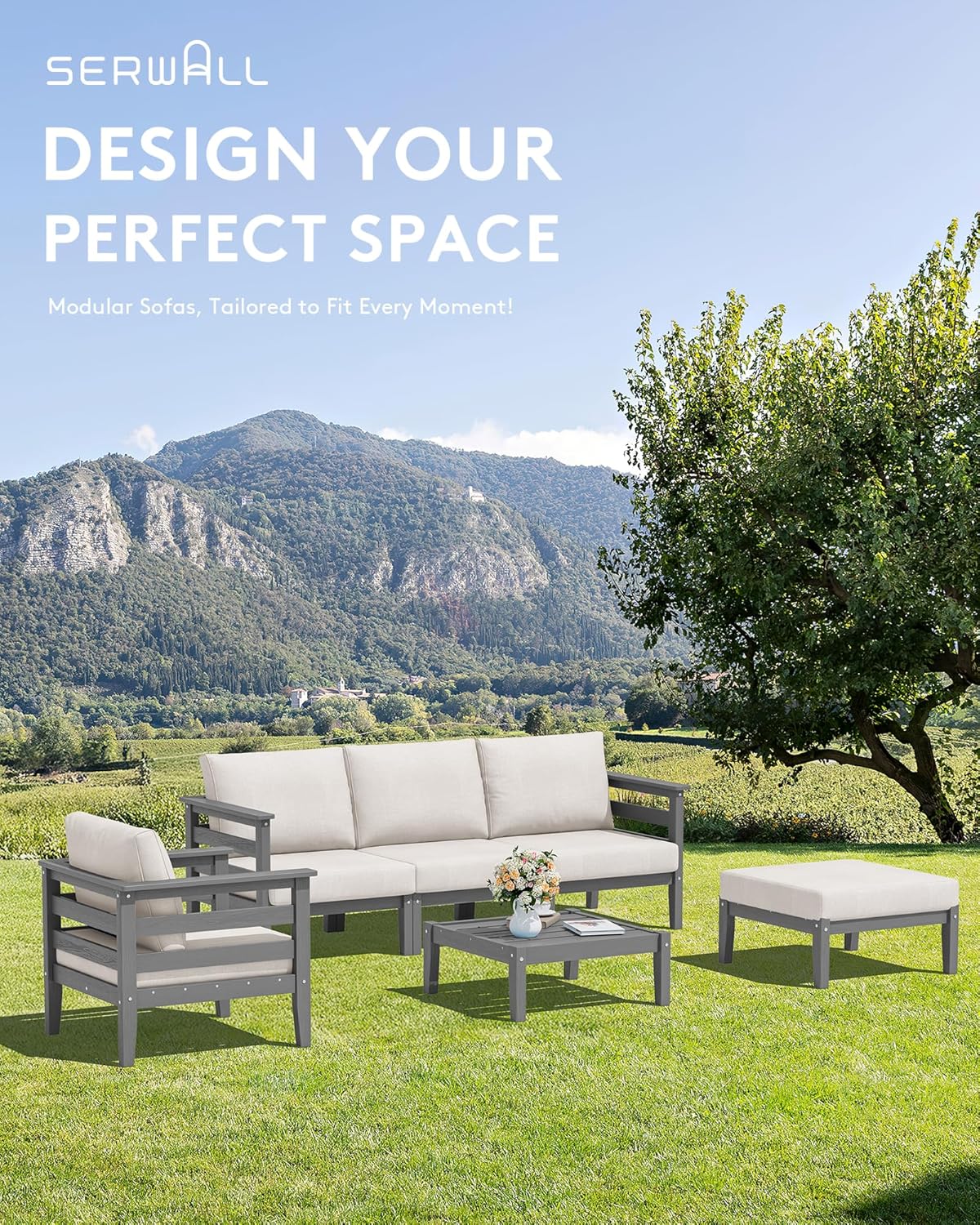 SERWALL HDPE Patio Furniture Set, 6 Pieces Outdoor Sectional Sofa Set, All-Weather Wood-Like Outdoor Sofa Couch with Coffee Table for Deck, Lawn, Grey Frame with Khaki Cushion