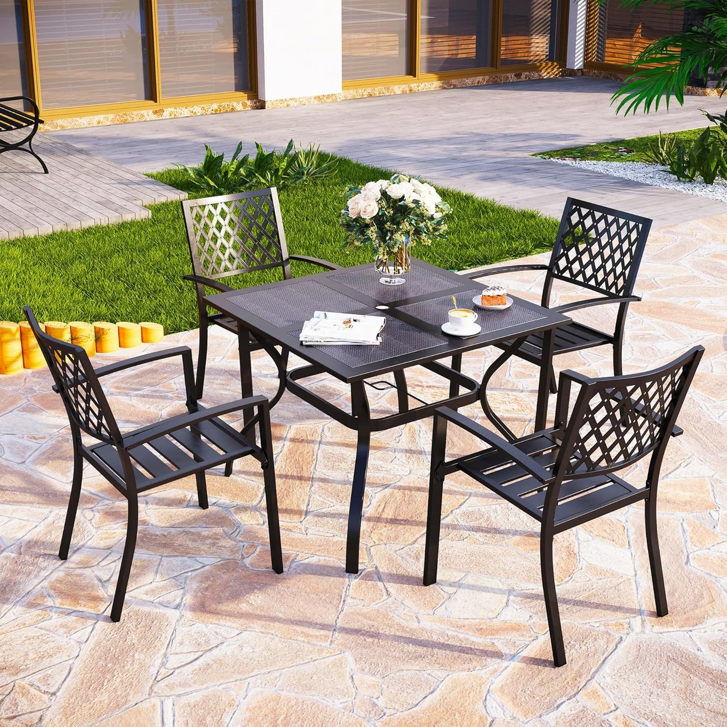 PHI VILLA 37 Inch Outdoor Dining Table Metal Steel Mesh Patio Dining Table Umbrella Table with 1.57" Umbrella Hole (Mesh)