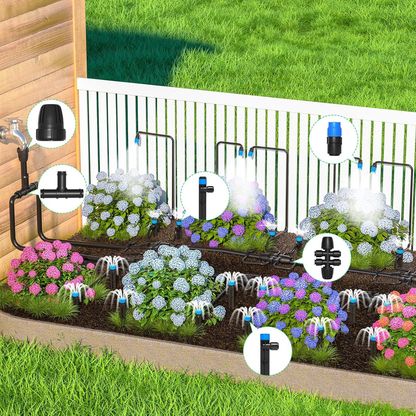 MIXC 247 FT Drip Irrigation System,Quick Connector Garden Watering System Automatic Sprinkler System Kit for Lawn Raised Bed Greenhouse Plant Watering System with 1/4'' Tubing,Drip Emitters,Connectors