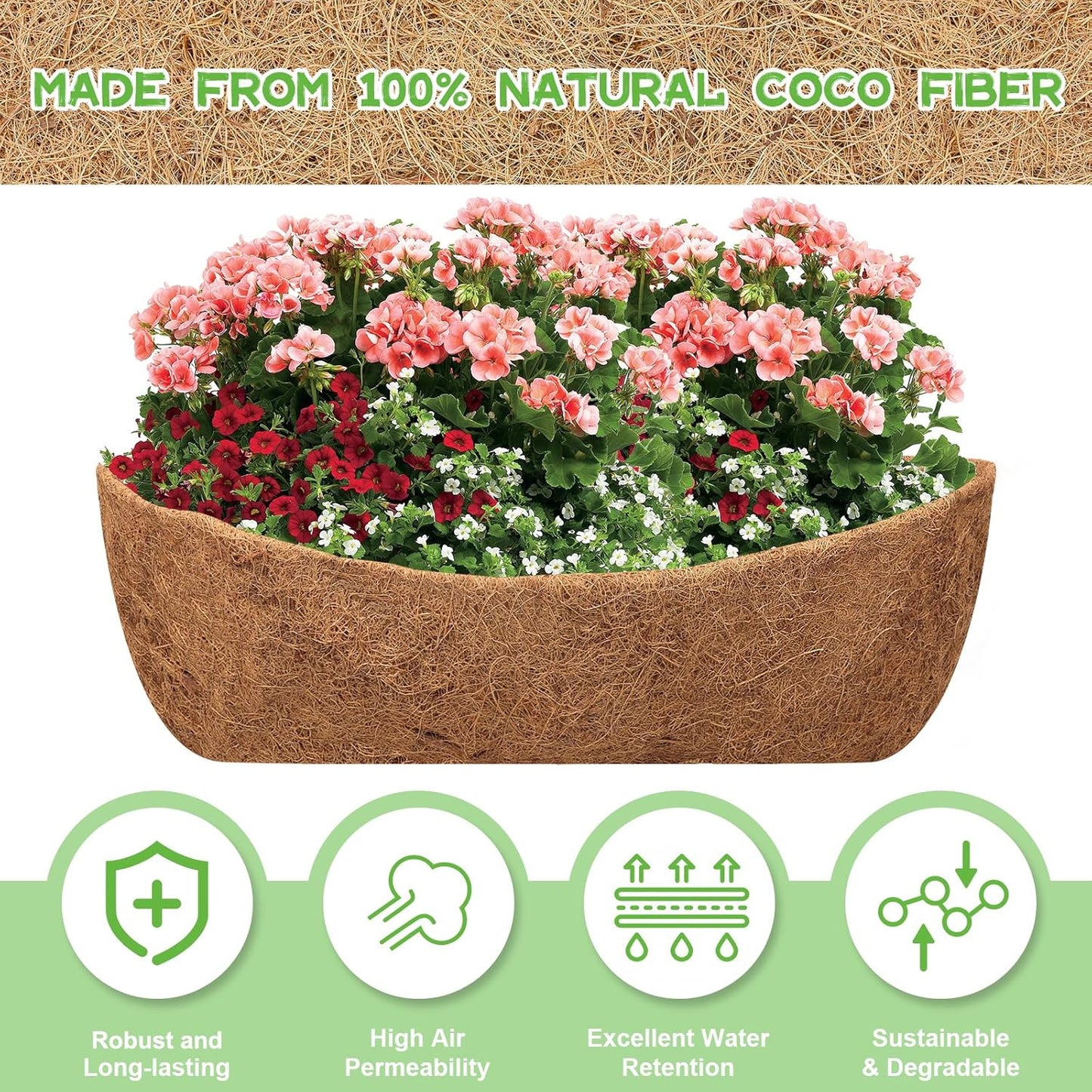 Riare 4 Pack 30 Inch Trough Coco Coir Liners for Planters, Pre-Formed Coconut Coir Replacement Liner Natural Coco Fiber Window Box Liners for Wall Planter, Window Basket Deck Railing Planter