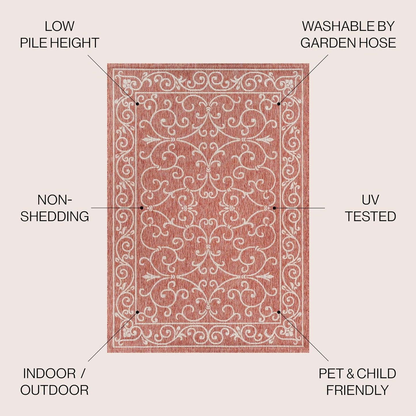 JONATHAN Y SMB106B-6SQ Charleston Vintage Filigree Textured Weave Red/Beige 6' Square Indoor/Outdoor Area Rug, Pet Friendly, Non-Shedding, Stain Resistant, Easy-Cleaning for Backyard, Patio, Porch