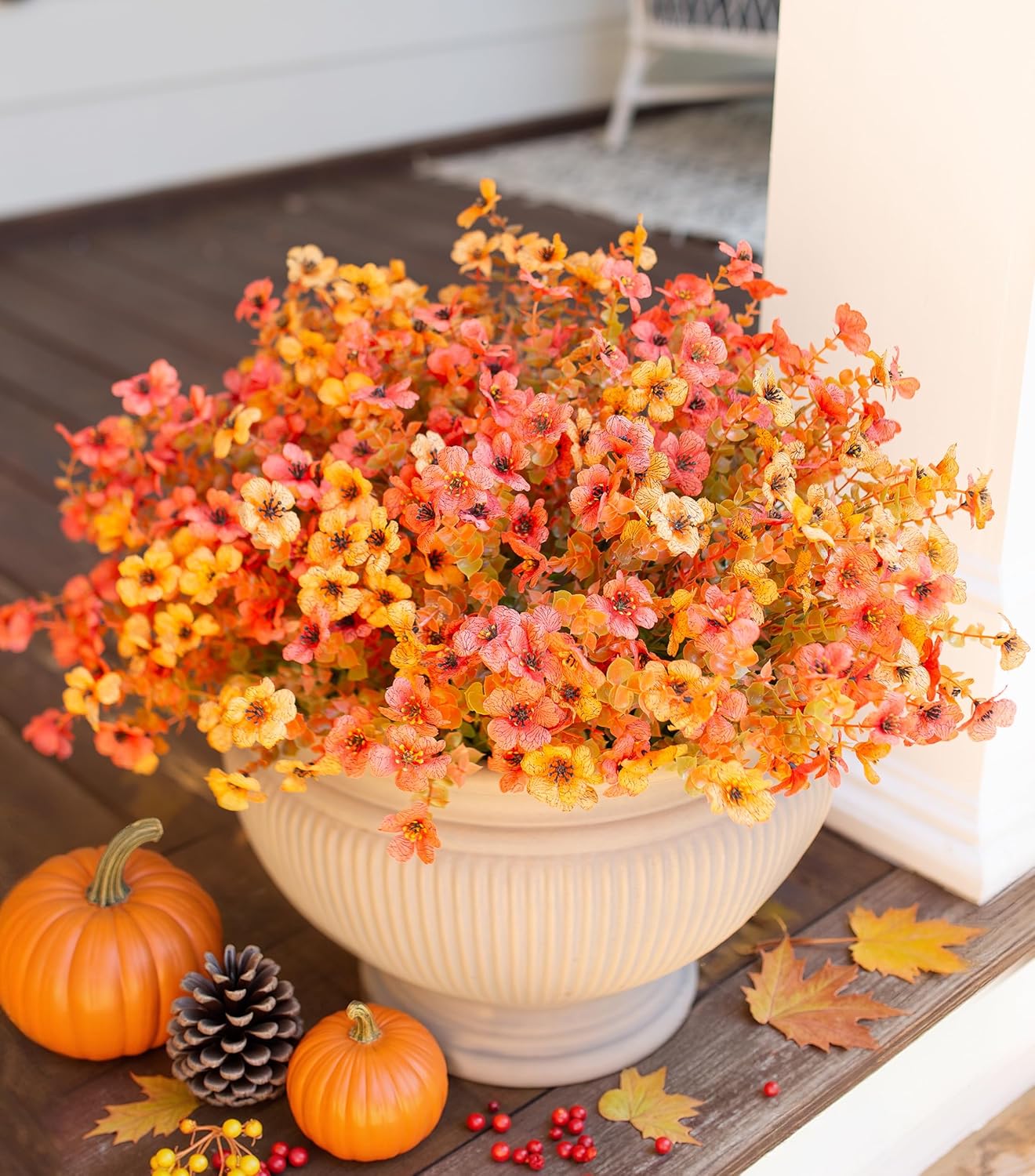 Artificial Fall Flowers Faux Mums for Outdoor Indoor Garden Home Decoration, Faux Flower Daisy with Eucalyptus Leaves Fake Mums Plants Greenery Boxwood Porch Patio, 12 Bundles