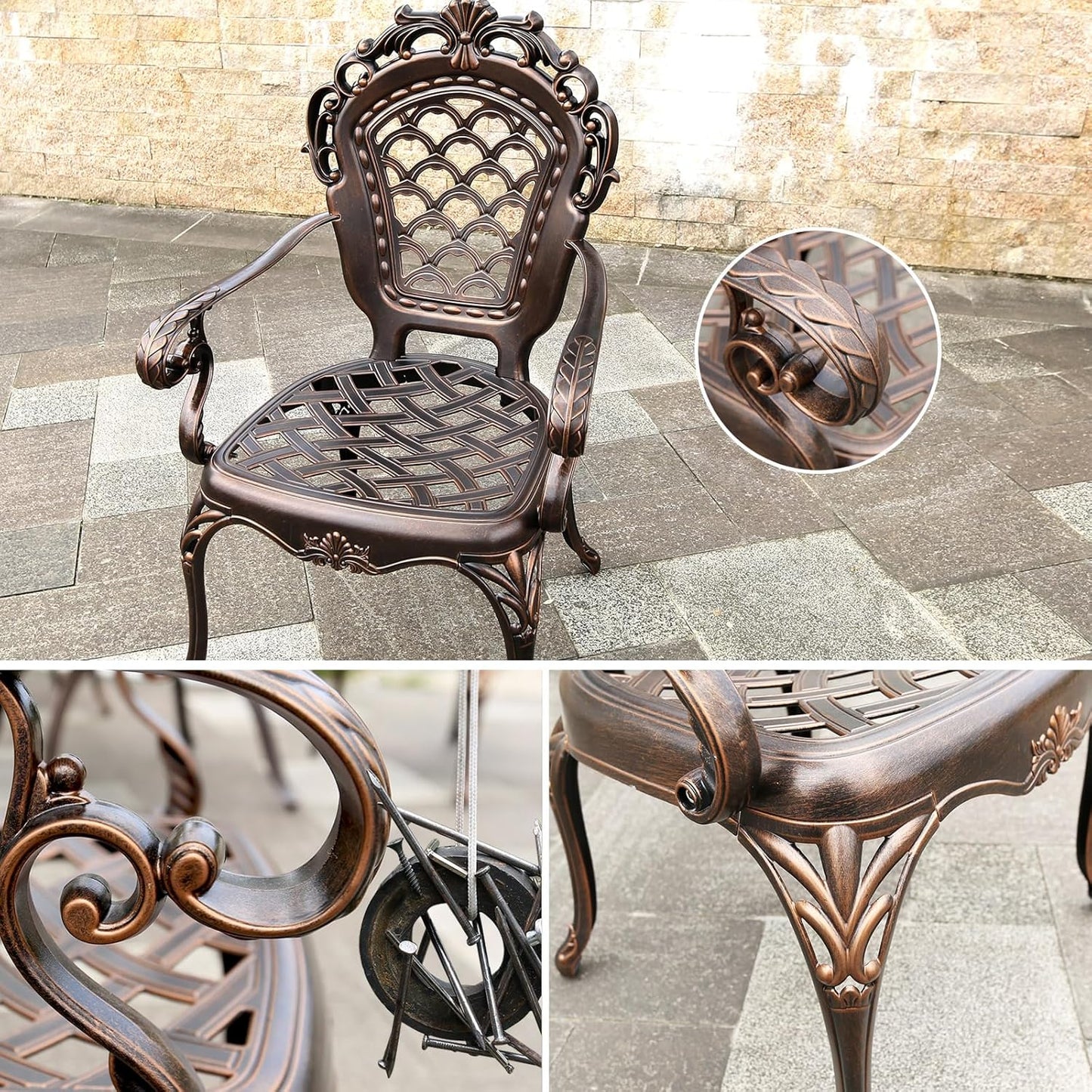 Outdoor Dining Chair Cast Aluminum Patio Chairs Set of 2 All-Weather Patio Dining Chair with Adjustable Feet for Backyard Garden (Concierge Chair)