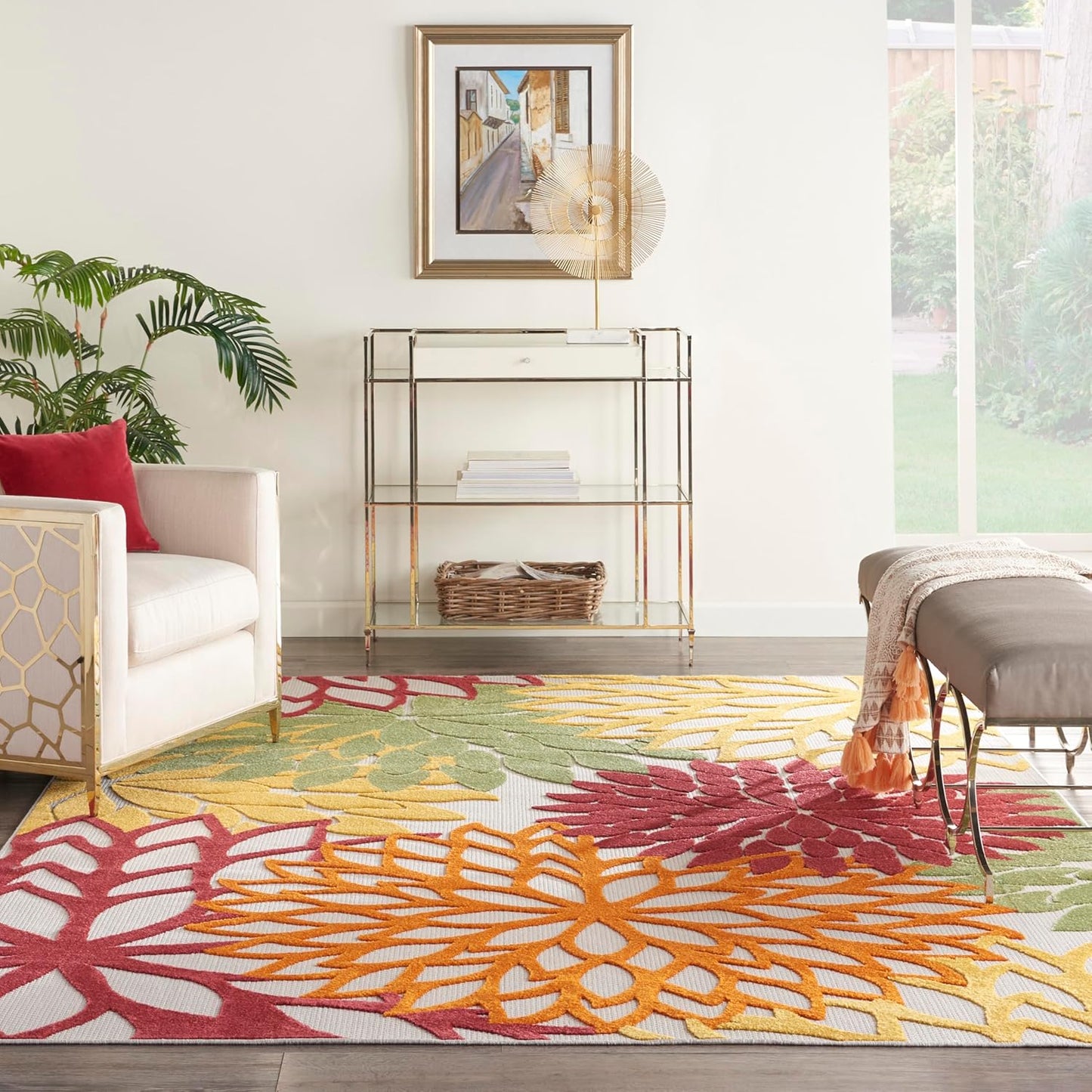 Nourison Home Aloha Indoor/Outdoor Red Multi Colored 9'6" x 13' Area Rug, Tropical, Botanical, Easy Cleaning, Non Shedding, Bed Room, Living Room, Dining Room, Deck, Backyard, Patio (9x13)
