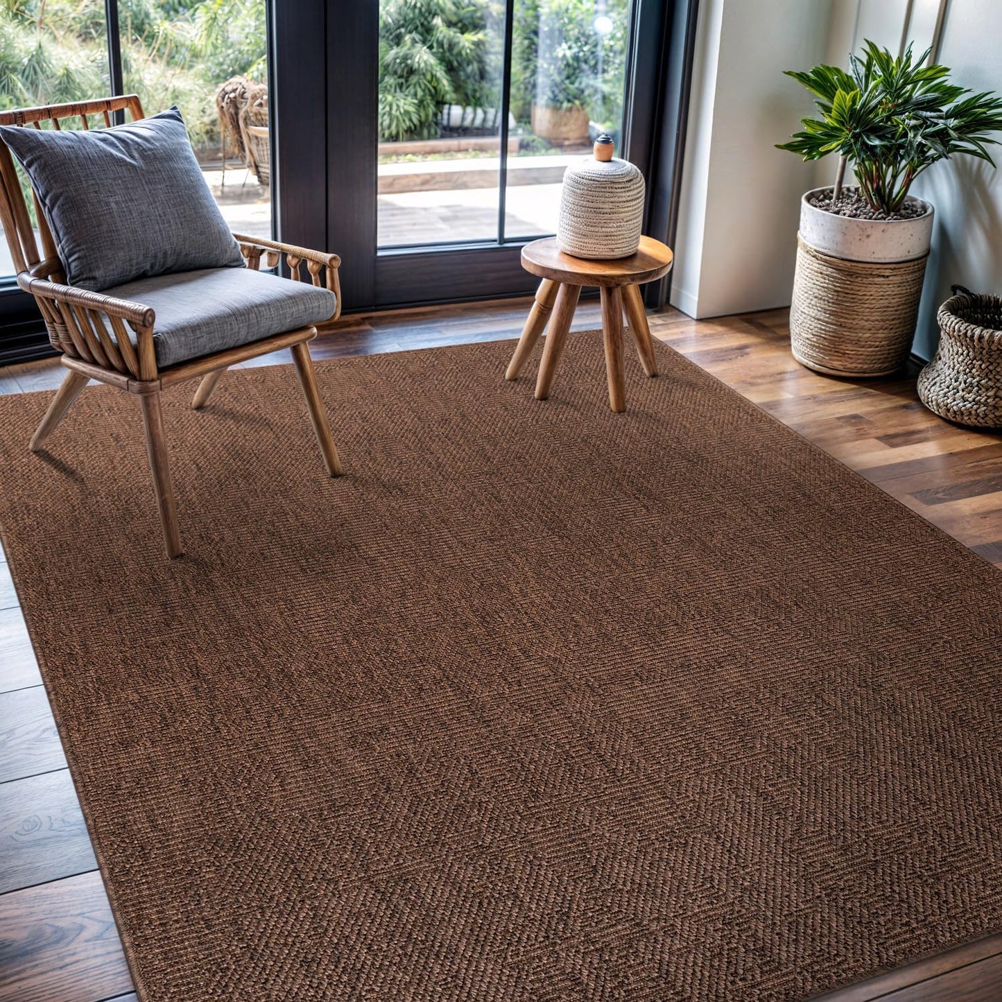 CAMILSON Easy Jute Rug 4x6, Indoor Outdoor Brown Color Fiber Area Rugs for Living Room Patio and Kitchen Rug, Solid Boho Woven Design, Easy-Cleaning, Washable Outside Carpet Alfombras (4 x 6)