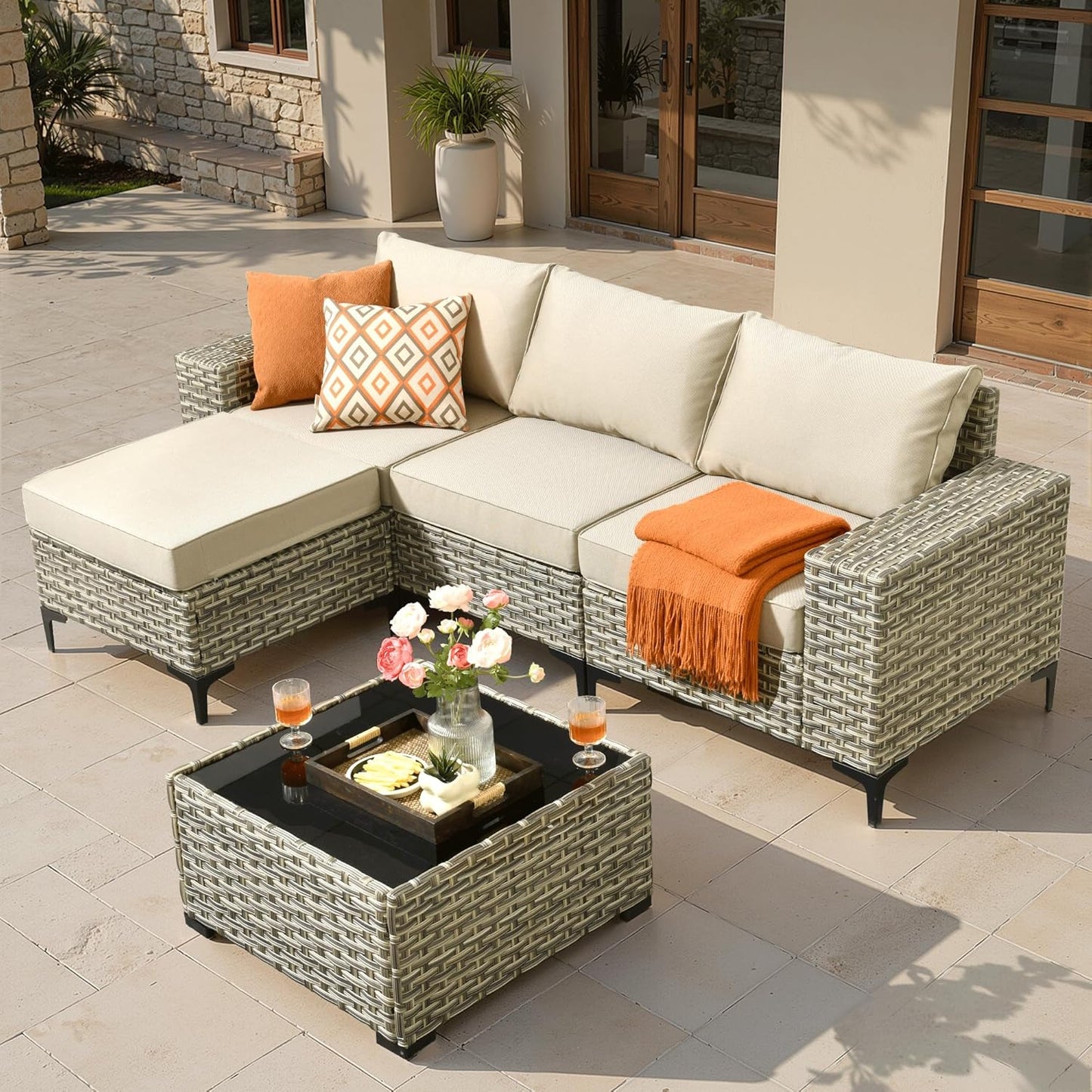 ovios 5 Pieces Patio Furniture Set Outdoor Sectional Sofa Couch with Deep Seat Chaise Comfy Cushions, Modern Modular Wicker Rattan Conversation Set Porch Deck Garden, Beige