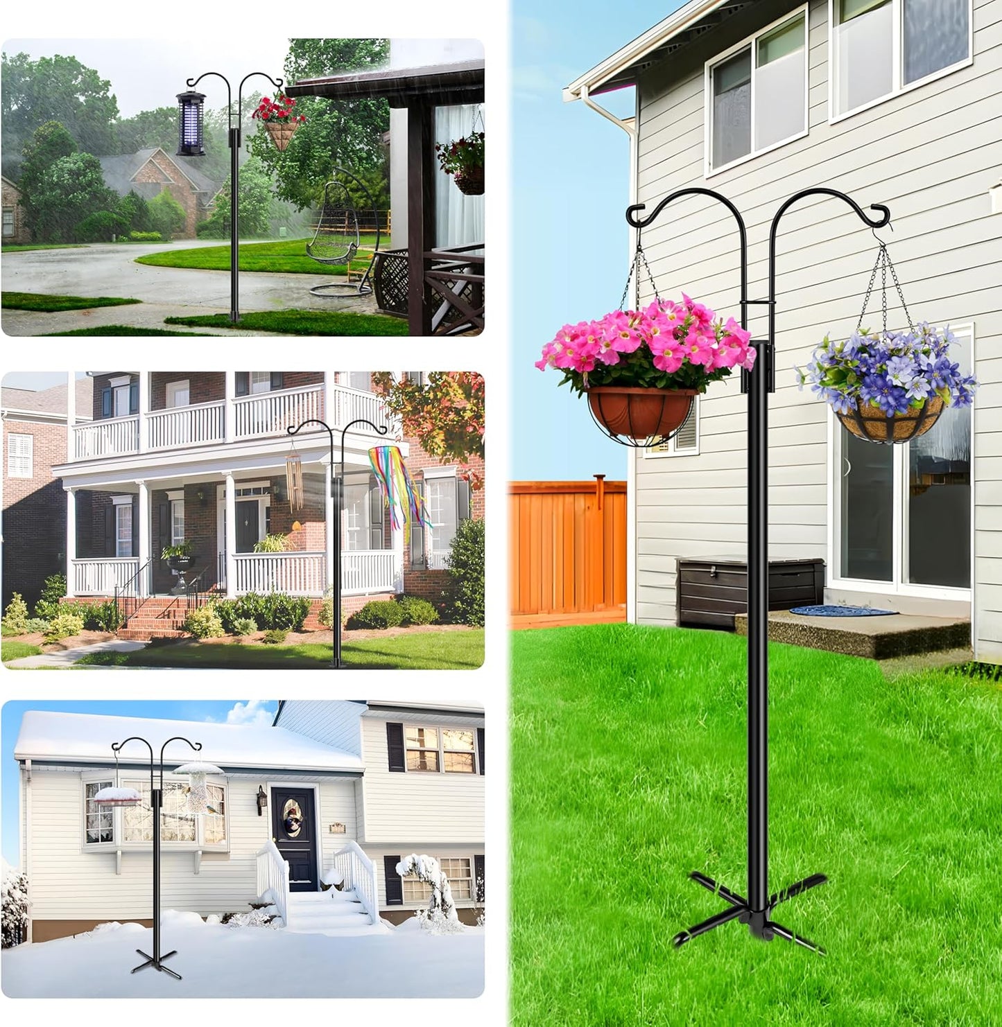 XDW-GIFTS Double Shepherds Hooks for Outdoor, 2-Pack Heavy Duty Garden Pole for Hanging Bird Feeder, Plant Baskets, Solar Light Lanterns, Garden Plant Hanger Stands with 5 Base Prongs