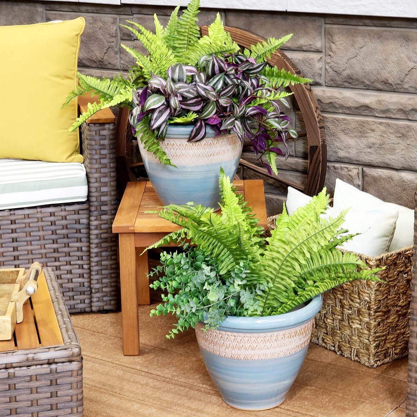 Sunnydaze Purlieu 12-Inch Outdoor/Indoor Ceramic Planters - Set of 2 -Shoreline