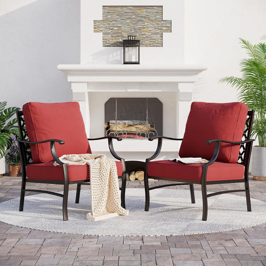 Metal Patio Chairs Set of 2 with 5.75" Extra Thick Cushion, 2 Pieces High Back Outdoor Patio Chairs All Weather Outdoor Furniture Seating for Deck Backyard Balcony Front Porch, Red