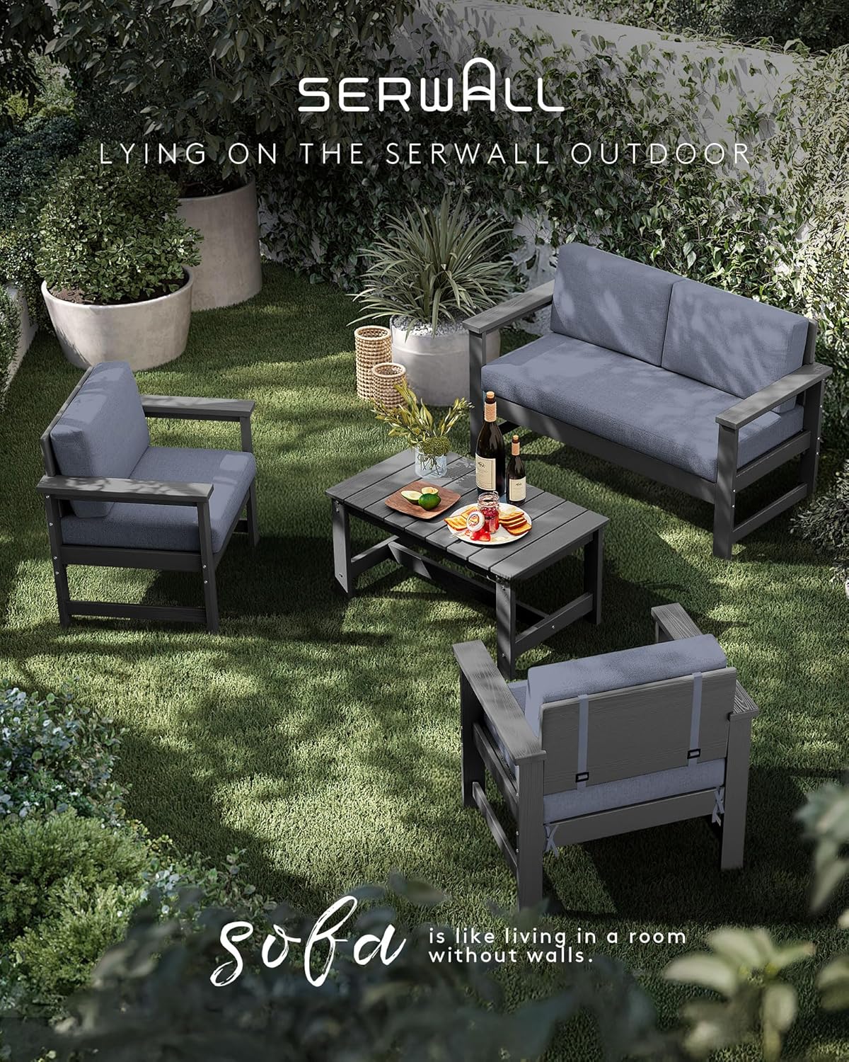 SERWALL 6 Pieces HDPE Outdoor Conversation Sofa Set with Cushions, All Weather Couch Loveseat Furniture with Coffee Table and Cushion, Outdoor Social Sofa Set, Grey Frame with Grey Cushions